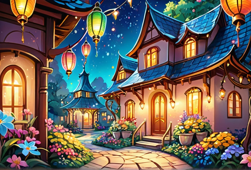 A beautiful house, magical, with sparkling lights and colourful lanterns, beautiful flowers, glowing paths, magica atmosphere,  (masterpiece best quality:1.2) delicate illustration ultra-detailed, illustrations, bright, colourful, Disney style.