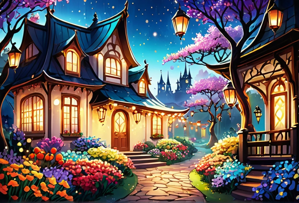A beautiful house, magical, with sparkling lights and colourful lanterns, beautiful flowers, glowing paths, magica atmosphere, (masterpiece best quality:1.2) delicate illustration ultra-detailed, illustrations, bright, colourful, Disney style.