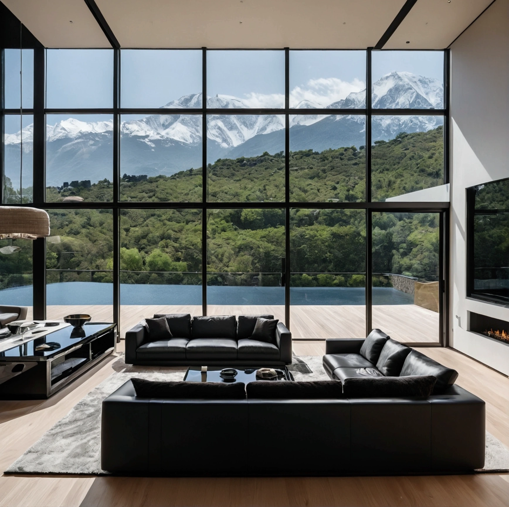In the heart of a modern, luxurious home, an opulent living space seamlessly blends with an automotive showcase. Floor-to-ceiling windows frame breathtaking views of snow-capped mountains, bathing the dark, sleek interior in natural light. A black sectional sofa, plush and expansive, anchors the living area, facing a sleek black coffee table adorned with elegant glassware and candles. Adjacent to this, a pristine black sports car, possibly a Porsche, is parked on a polished wooden floor, embodying the epitome of luxury. A man in a suit stands beside the car, adding a touch of human interaction to the scene. Overhead, a mezzanine level features additional seating and a modern, suspended fireplace, contributing to the overall ambiance of warmth and exclusivity. The minimalist design, dominated by dark tones and clean lines, is enhanced by integrated, subtle lighting, creating an atmosphere that is both dramatic and inviting. This is a sanctuary where modern architecture meets automotive excellence, set against the stunning backdrop of nature’s grandeur. space should be big. huge villa. no people in the picture