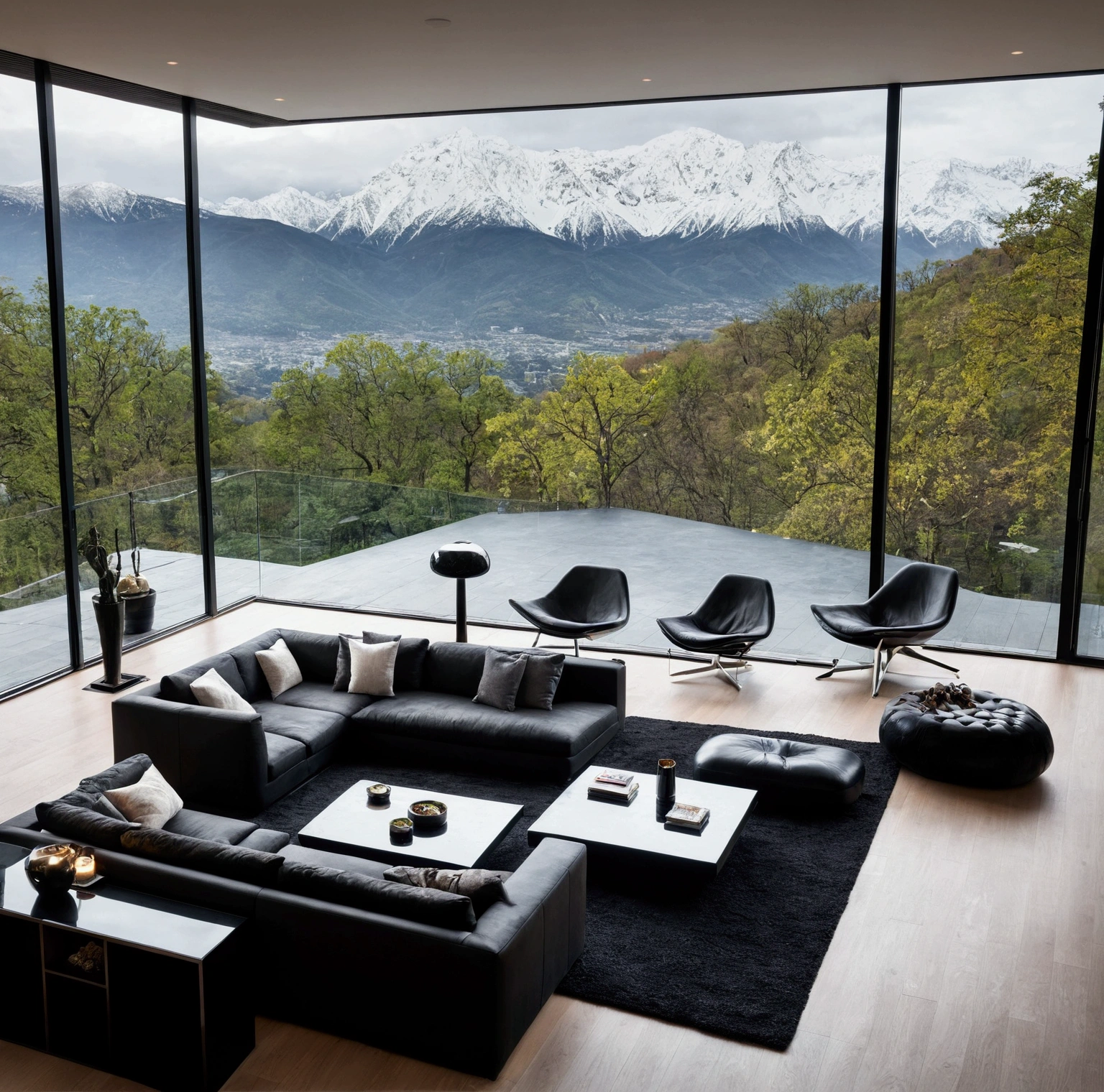 In the heart of a modern, luxurious home, an opulent living space seamlessly blends with an automotive showcase. Floor-to-ceiling windows frame breathtaking views of snow-capped mountains, bathing the dark, sleek interior in natural light. A black sectional sofa, plush and expansive, anchors the living area, facing a sleek black coffee table adorned with elegant glassware and candles. Adjacent to this, a pristine black sports car, possibly a Porsche, is parked on a polished wooden floor, embodying the epitome of luxury. A man in a suit stands beside the car, adding a touch of human interaction to the scene. Overhead, a mezzanine level features additional seating and a modern, suspended fireplace, contributing to the overall ambiance of warmth and exclusivity. The minimalist design, dominated by dark tones and clean lines, is enhanced by integrated, subtle lighting, creating an atmosphere that is both dramatic and inviting. This is a sanctuary where modern architecture meets automotive excellence, set against the stunning backdrop of nature’s grandeur. space should be big. huge villa. no people in the picture