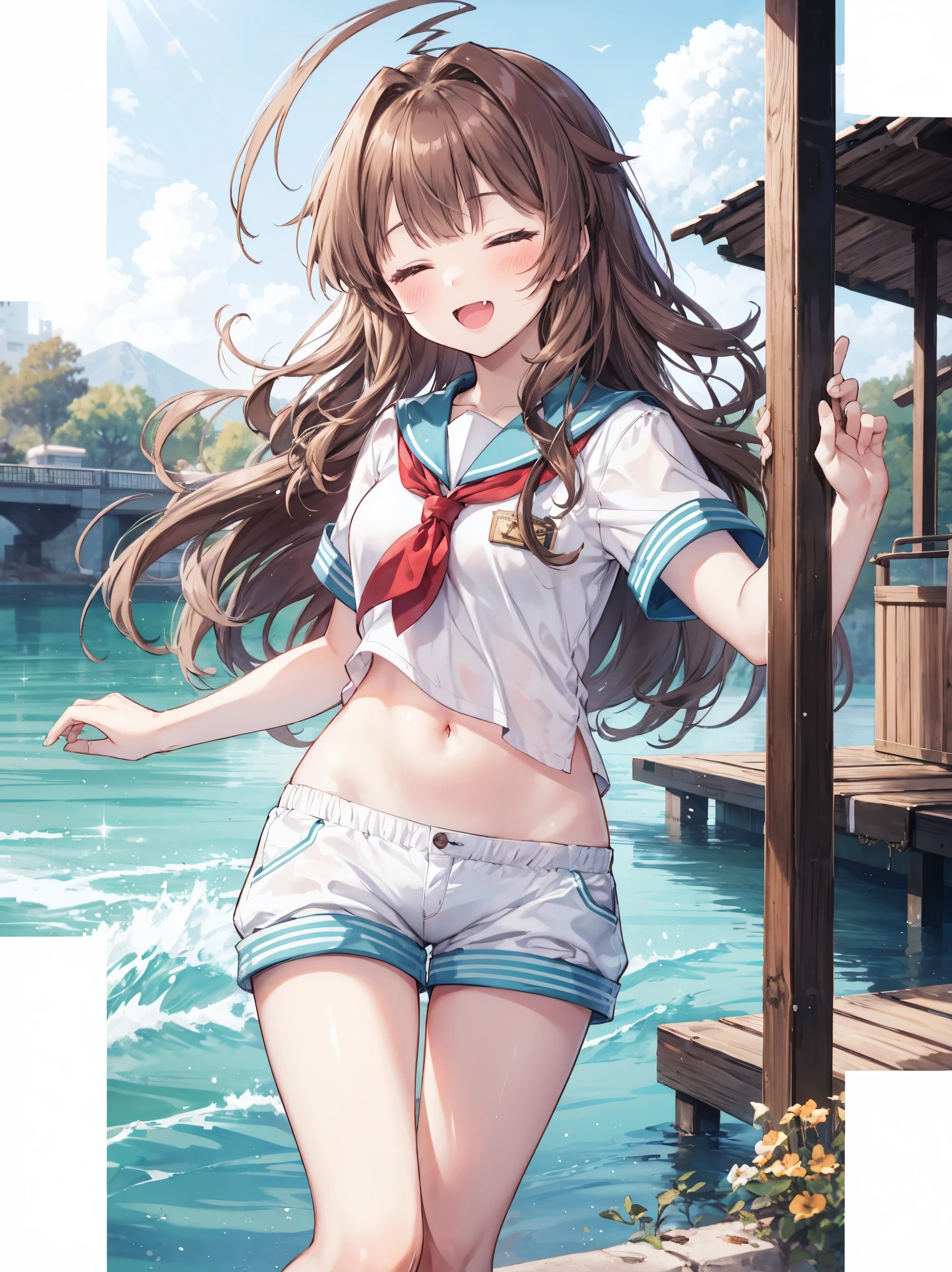 1young_teen_ girl, brown_hair, long_hair, sailor_uniform,white_ baggy_shorts, short_sleeve, thighs, small_breasts, big_smile, open_mouth, fang, harbor_landscape_background, slightly_spread_legs, happiness, covered_crotch,ahoge,XD,exciting_posing,closed_eyes