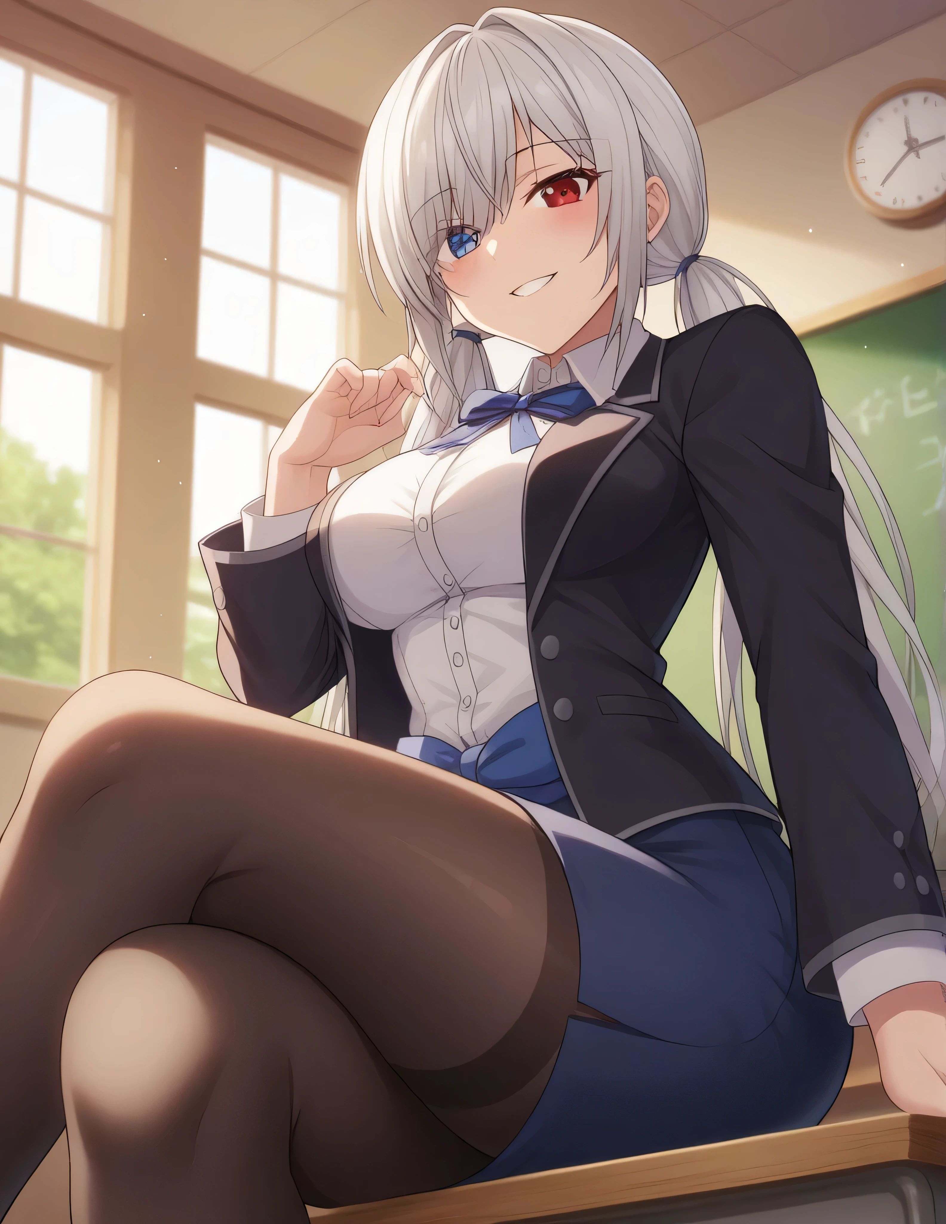 1girl, solo, long hair, , looking at viewer, blush, smile, bangs, skirt, , blazer, shirt, heterochromia, red eyes, blue eyes, multicolored eyes, long sleeves, ribbon, twintails, , sitting, black blazer, white shirt, white hair, streaked hair, pantyhose, parted lips, day, collared shirt, indoors, hand up, black skirt, hair over one eye, grin, blue skirt, black pantyhose, window, dress shirt, neck ribbon, low twintails, beautiful detailed eyes, from below, crossed legs, blue ribbon, desk, pencil skirt, thighband pantyhose, classroom, chalkboard, on desk, sitting on desk, (masterpiece), best quality, high resolution, unity 8k wallpaper, (illustration), (beautiful detailed eyes), extremely detailed face, perfect lighting, extremely detailed CG, (perfect hands, perfect ), (masterpiece), best quality, high resolution, unity 8k wallpaper, (illustration), (beautiful detailed eyes), extremely detailed face, perfect lighting, extremely detailed CG, (perfect hands, perfect ),