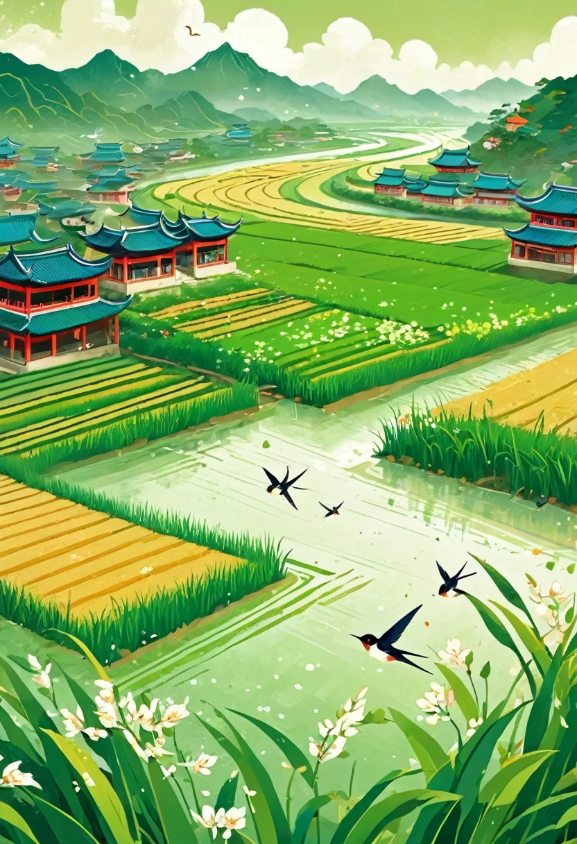 Qingming Festival Chinese countryside, plants and flowers, swallows, wicker, rice field, light rain, river, bright, spring green, bright background, blank at the top of the frame, flat illustration, Victo Ngai style --ar 1:2 --niji 5