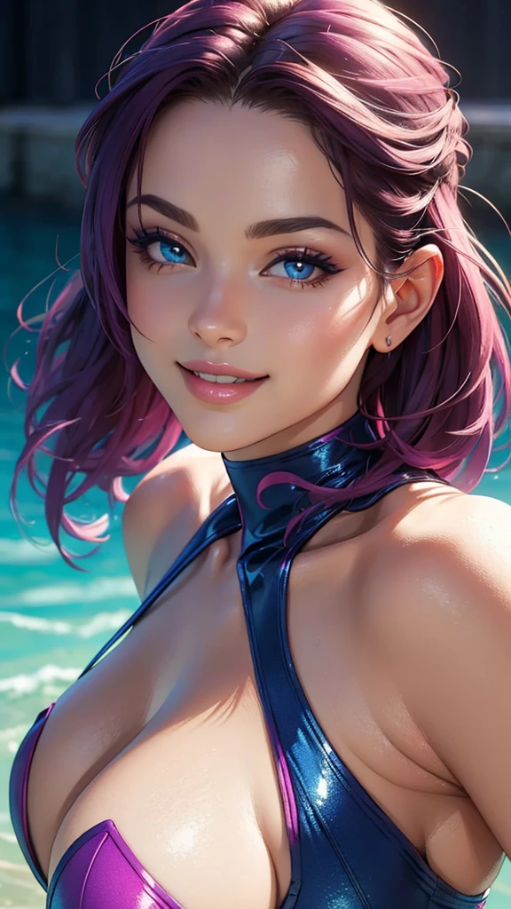 (best quality,ultra-detailed,photo-realistic:1.37),bright and vibrant colors,studio lighting,playful expression,stylish makeup,bald,no hair,(front facing:1.3),alluring eyes,glossy lips,sexy pose, swimsuit, smiling in a confident and seductive way,posing for a professional photoshoot,shallow depth of field,highlighting the main subject,soft natural lighting,creating a dreamy and magical atmosphere.