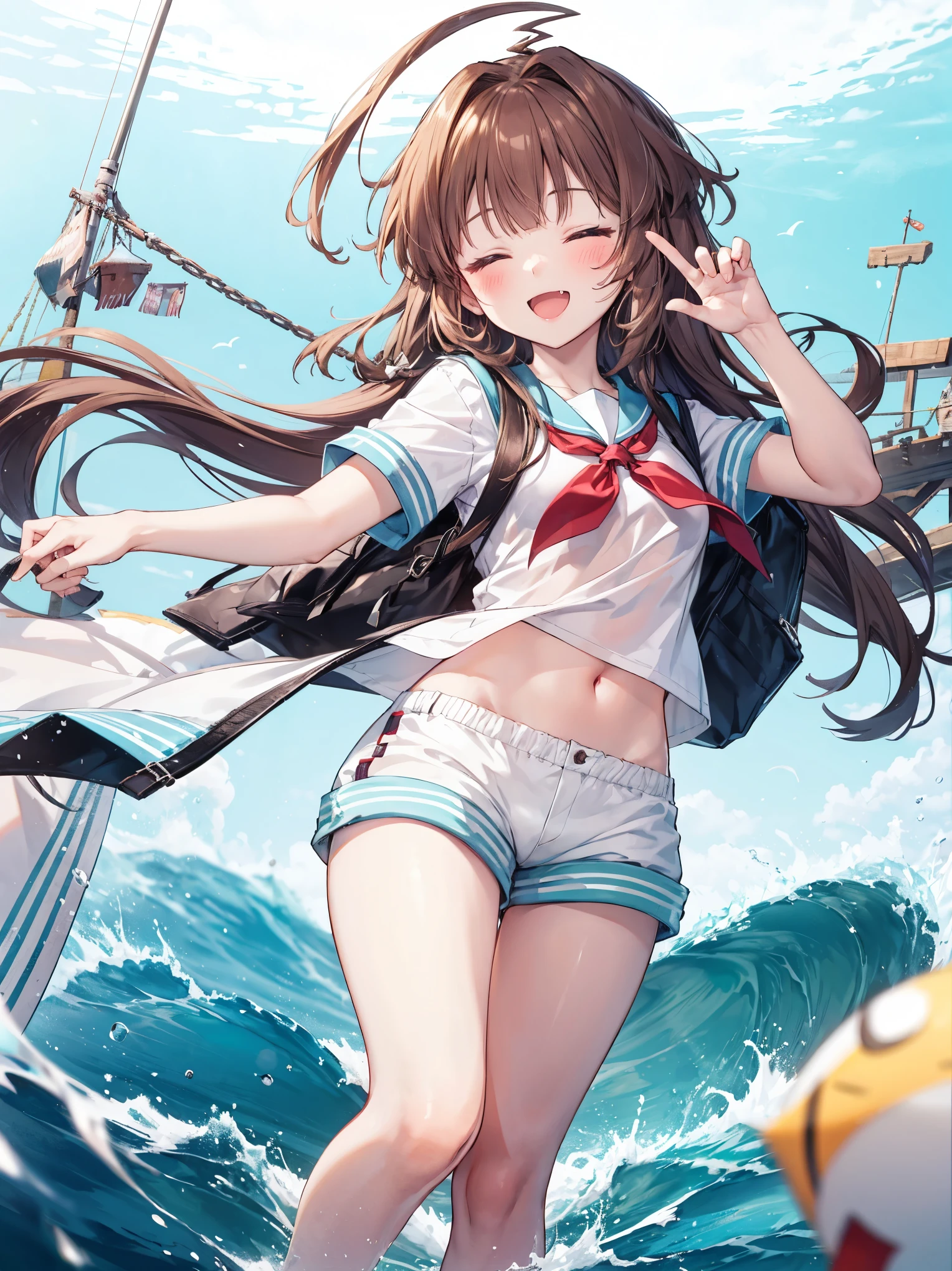 1young_teen_ girl,  brown_hair, long_hair, sailor_uniform,white_ baggy_shorts, short_sleeve, thighs, small_breasts, big_smile, open_mouth, fang, harbor_landscape_background, slightly_spread_legs, happiness, covered_crotch,ahoge,XD,exciting_posing,closed_eyes
