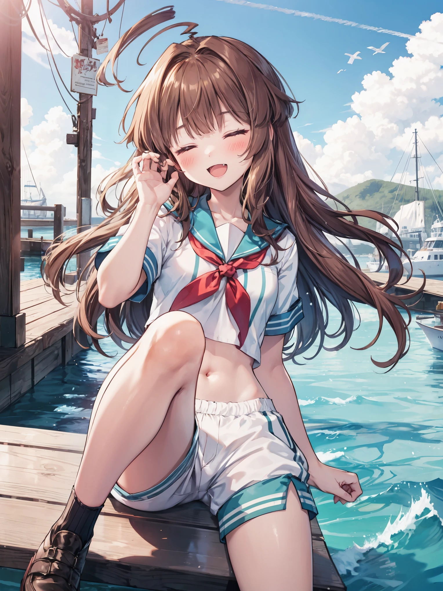 1young__ girl, brown_hair, long_hair, sailor_uniform,white_ baggy_shorts, short_sleeve, thighs, small_breasts, big_smile, open_mouth, fang, harbor_landscape_background, slightly_spread_legs, happiness, covered_crotch,ahoge,XD,exciting_posing,closed_eyes
