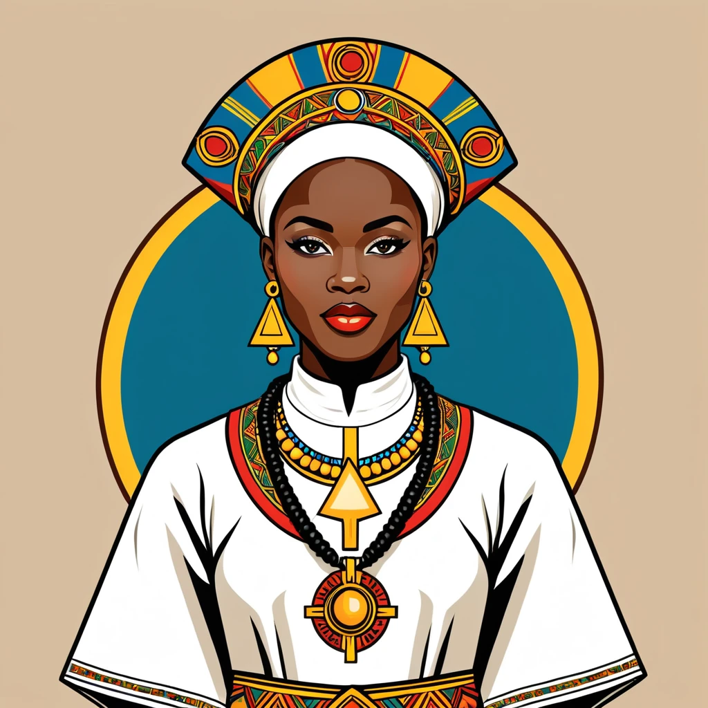 female priest in congo folk outfit ,vector graphics, strong contours, logo design