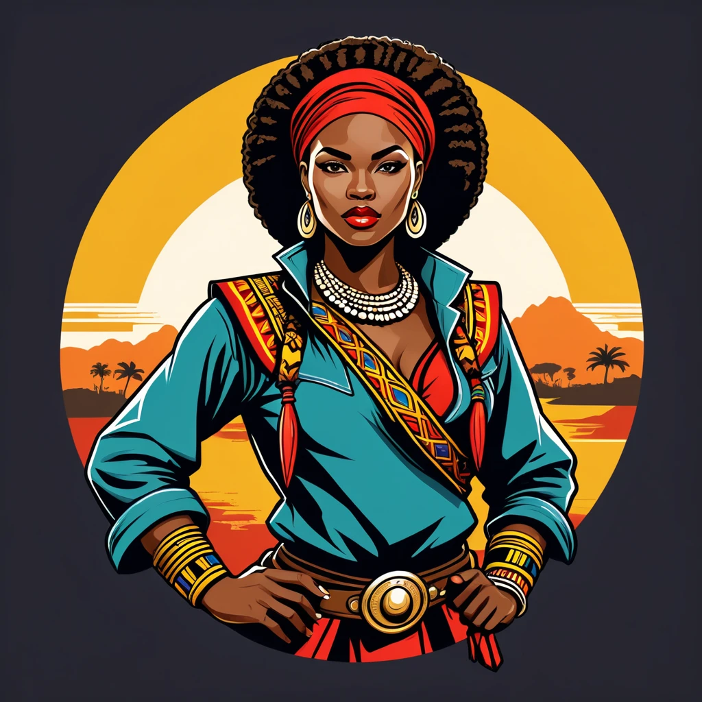 female	rogue	in congo folk outfit	,vector graphics, strong contours, logo design																						