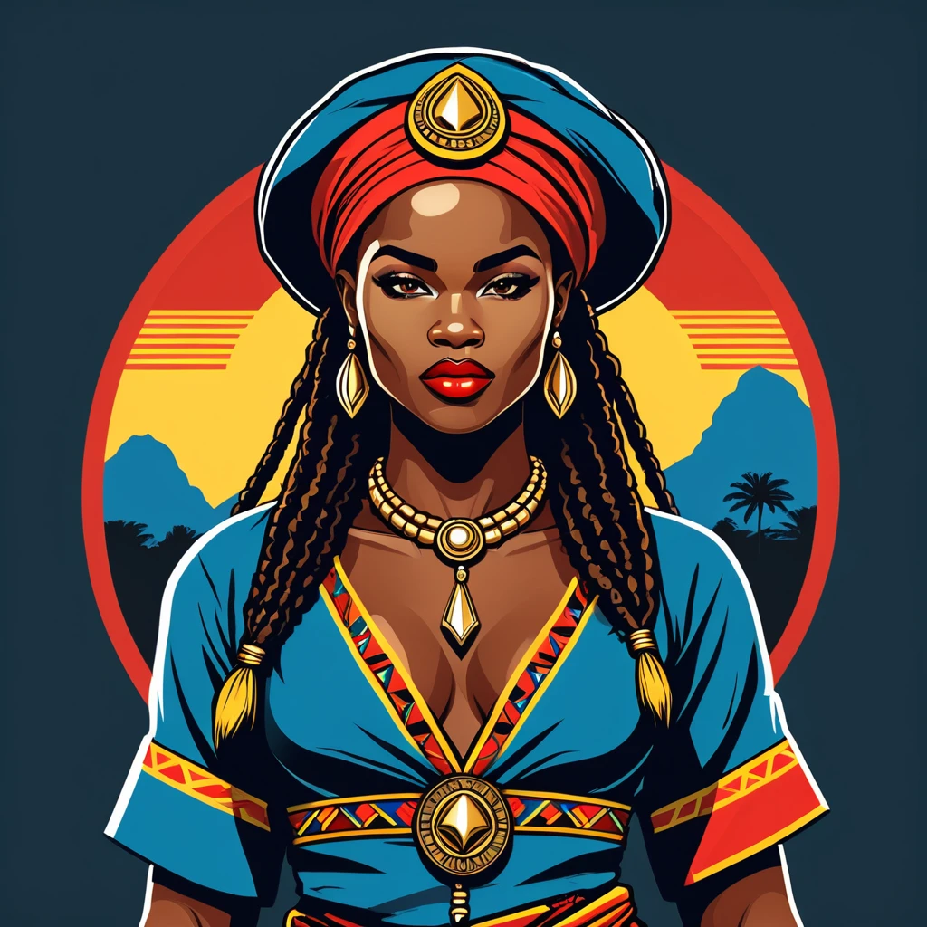 female	rogue	in congo folk outfit	,vector graphics, strong contours, logo design																						