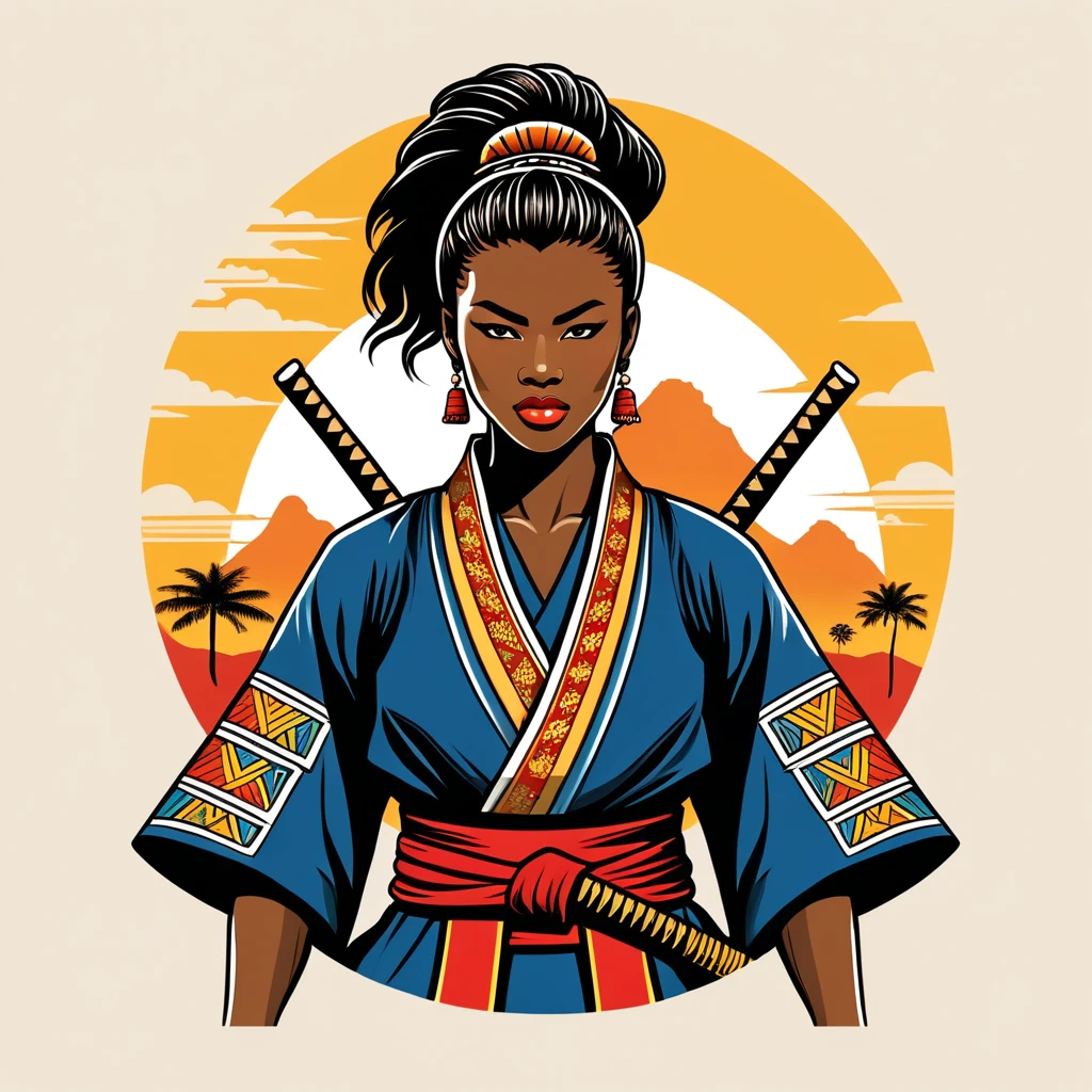 female samurai in congo folk outfit ,vector graphics, strong contours, logo design