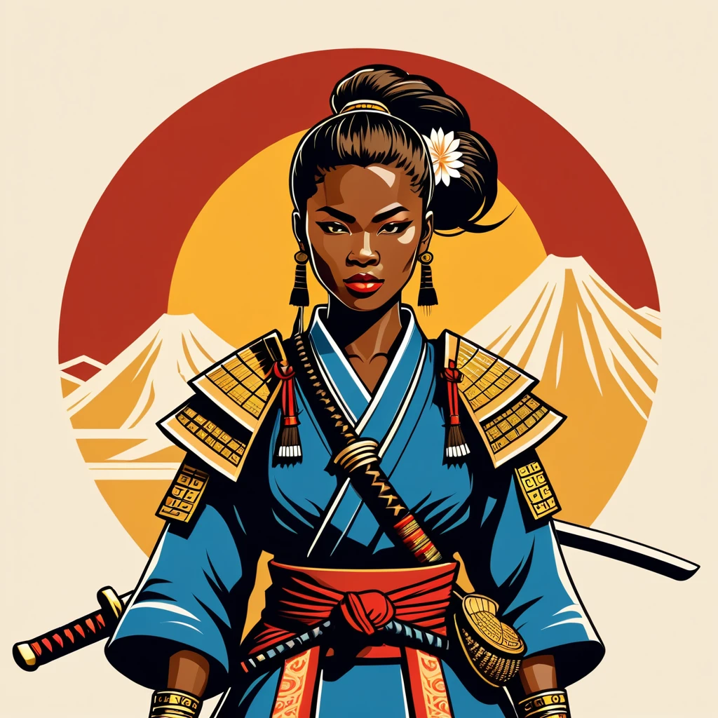 female samurai in congo folk outfit ,vector graphics, strong contours, logo design