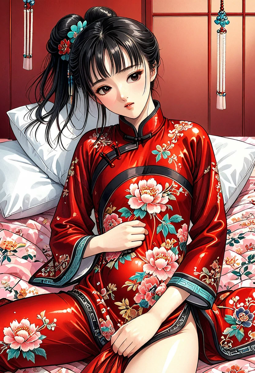 A beautiful 15-year-old martial artist Beautiful black-haired girl She is wearing a finely textured red long-sleeved embroidered Chinese dress. She is wearing red shiny embroidered Chinese trousers that expose her genitals. She has hair on her pussy She is prepared for birth on a floral glossy duvet She is fast asleep with her legs wide open during childbirth.