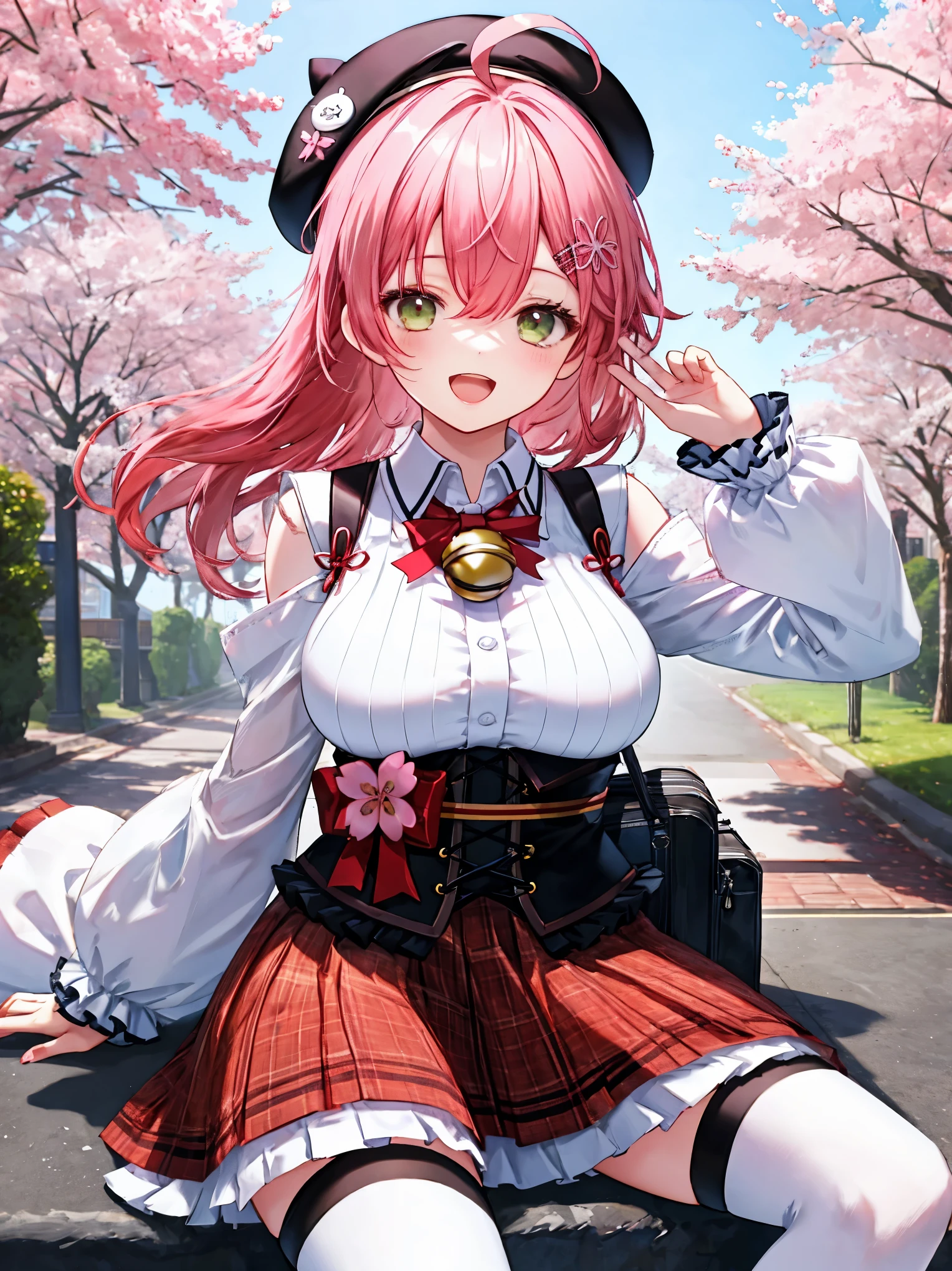 masutepiece, Best_Quality, hight_resolution, miko2,Ponytail, 1girl, Ahoge, black headwear, Hair Ornament, White shirt, black thighhighs, Pink hair, Red_skirt, very_short_skirt, plaid skirts, garter_strap, Collared shirt, hair clips, frilld, Bangs, hair between eye, frills skirt, beret, Pleated skirt, Hair Flower, Neck bell, , puffy long sleeves, Black bow, Underbust, Smile, (large_breasts:1.3),covered_nipples, green_eyes, happy, dynamic_angle,spread_legs,(big_smile:1.2),plump,open_mouth,shout,half_eyes,cherryblossom_park_landscape_background,