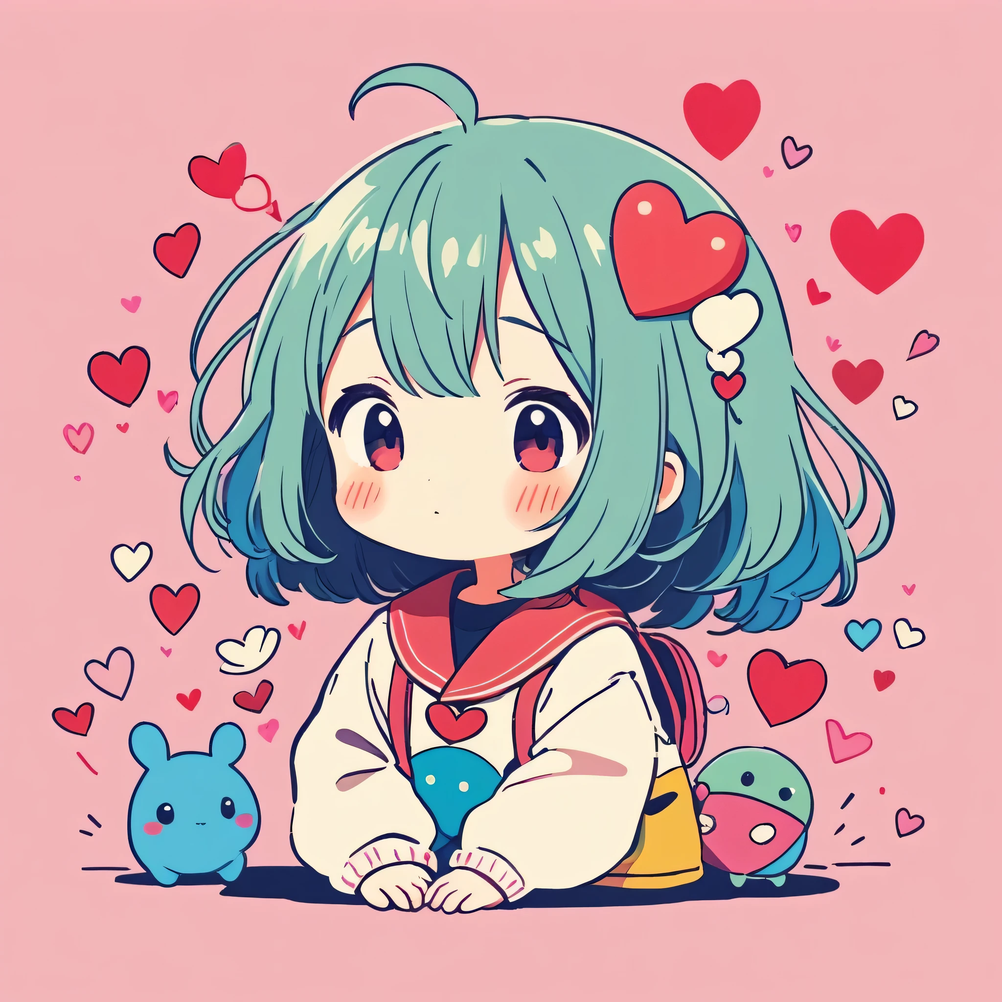 Makoto Shinkai colorful style, Simple Line Initialism,Abstract art,Kawaii Design, The most beautiful girl of all time、chibi, (((Cute pillbugs))), colorful hearts, 顔のアップ