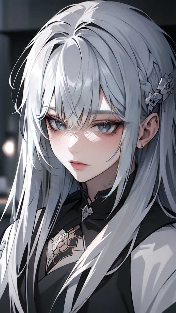 One Beautiful girl、unique long hairstyle 、 silver hair color , Grey eyes、small face、anime makeup、"A girl with a cute and androgynous face"、white skin、cute eyes、Very thin eyebrows、tall、stylish black luxury fashion、stylish outfits 、、19 years old、Japanese-Korean half girl、Has a languid look、anger、Lower the corners of your mouth with no expression on your face、Photographed from the side diagonally、model photoshoot、masterpiece、highest quality、high resolution、luxurious 、glaring expression、korean makeup 、Cool photos、blurred black filter、Various poses、rich , handsome girl, an expression of despair, lifeless eyes