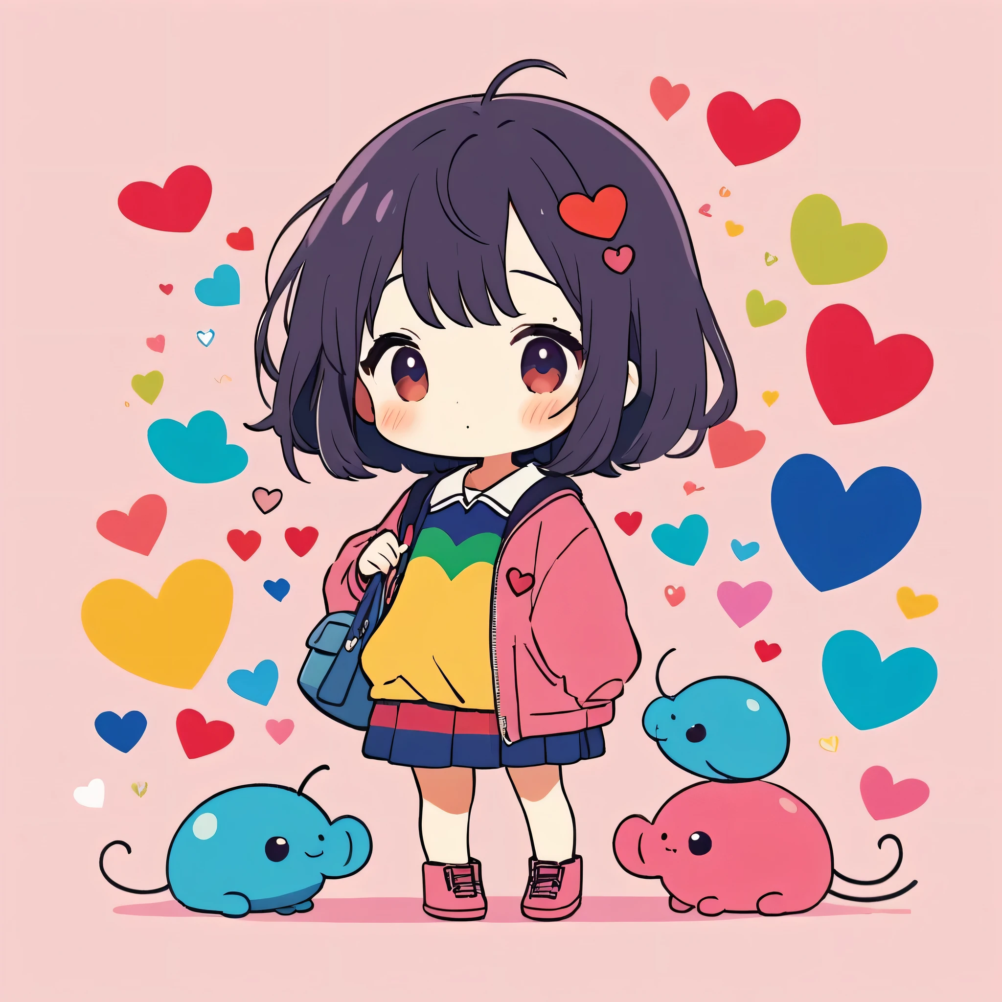 Makoto Shinkai colorful style, Simple Line Initialism，Abstract art，Kawaii Design, The most beautiful girl of all time、chibi, (((Cute pillbugs))), colorful hearts, 顔のアップ