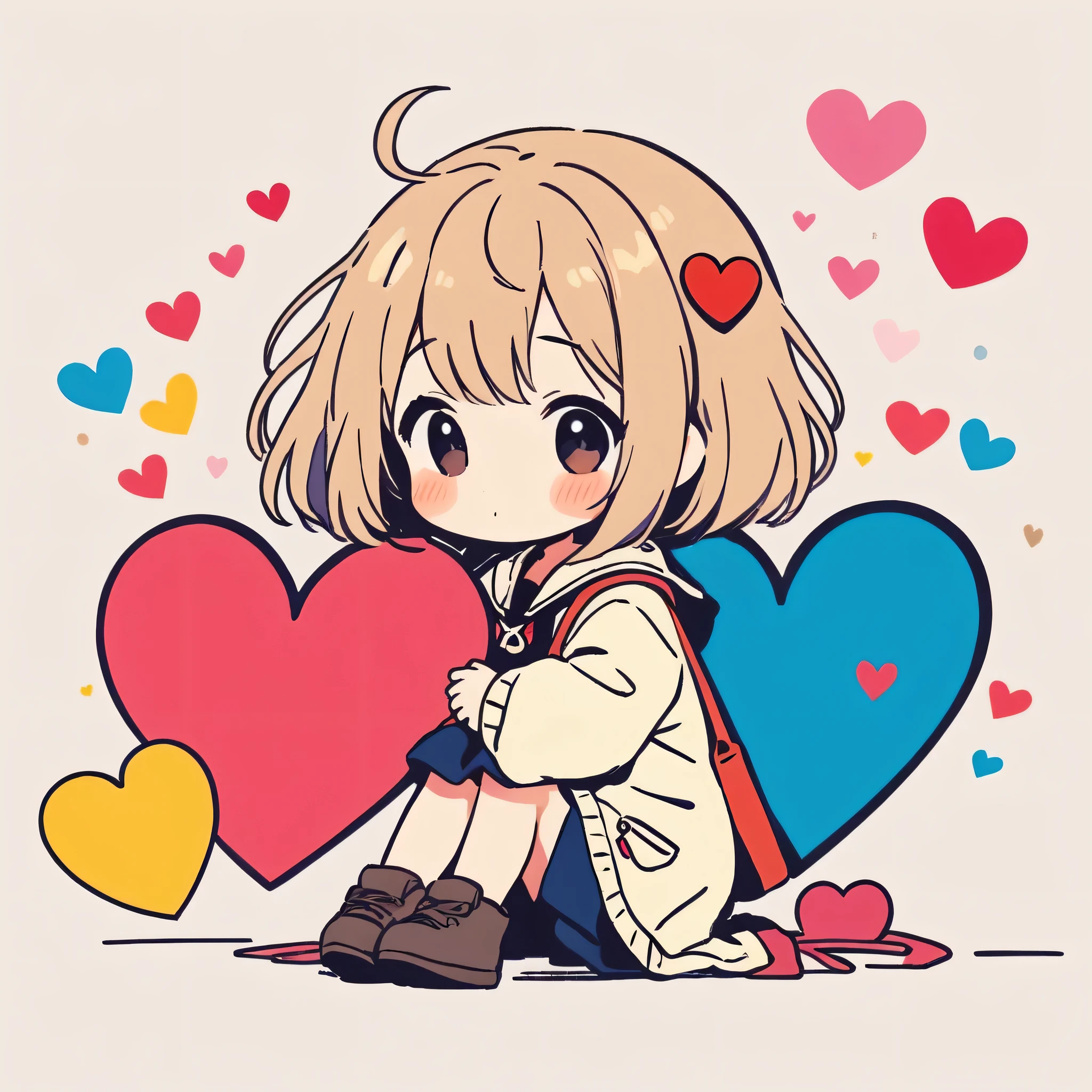 Makoto Shinkai colorful style, Simple Line Initialism,Abstract art,Kawaii Design, The most beautiful girl of all time、chibi, colorful hearts, 顔のアップ