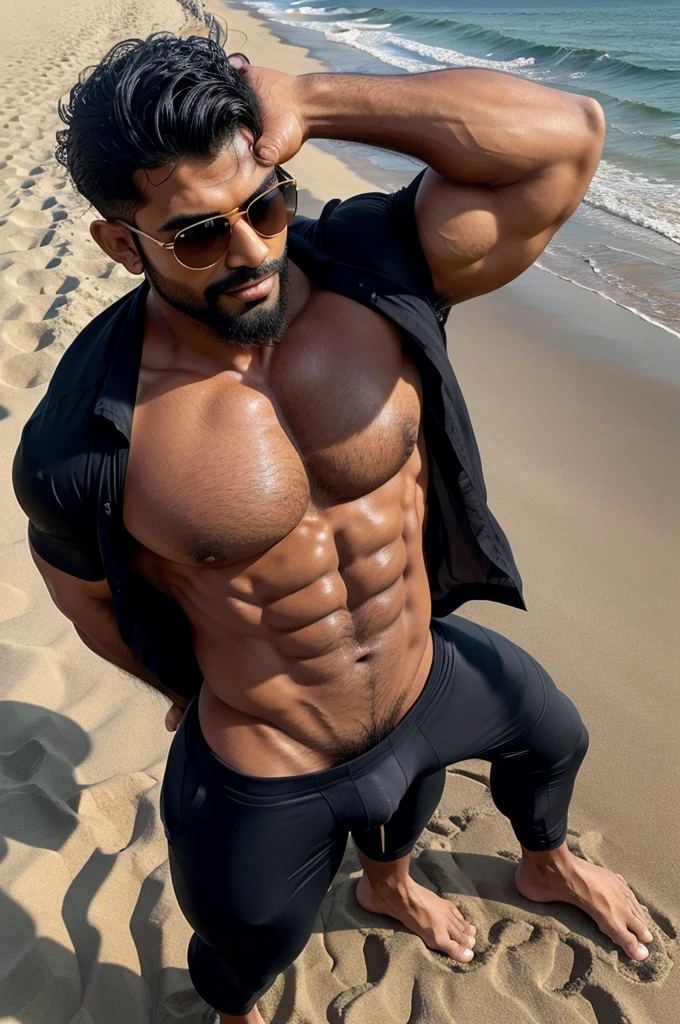 two jaat person doing tounge to tounge kissing in one photo, desi jaat muscular bodybuilder hunk with short hairstyle, huge wide lots of hair on chest, tight front open shirt and tight black underwear, standing on beach with wetty body, water drops dripping from body and hair, spread legs and perfect sunlight, blue sky, sunglasses, full body view, head to toe, from above view, seductive, exotic poses, huge bulge, erect bulge