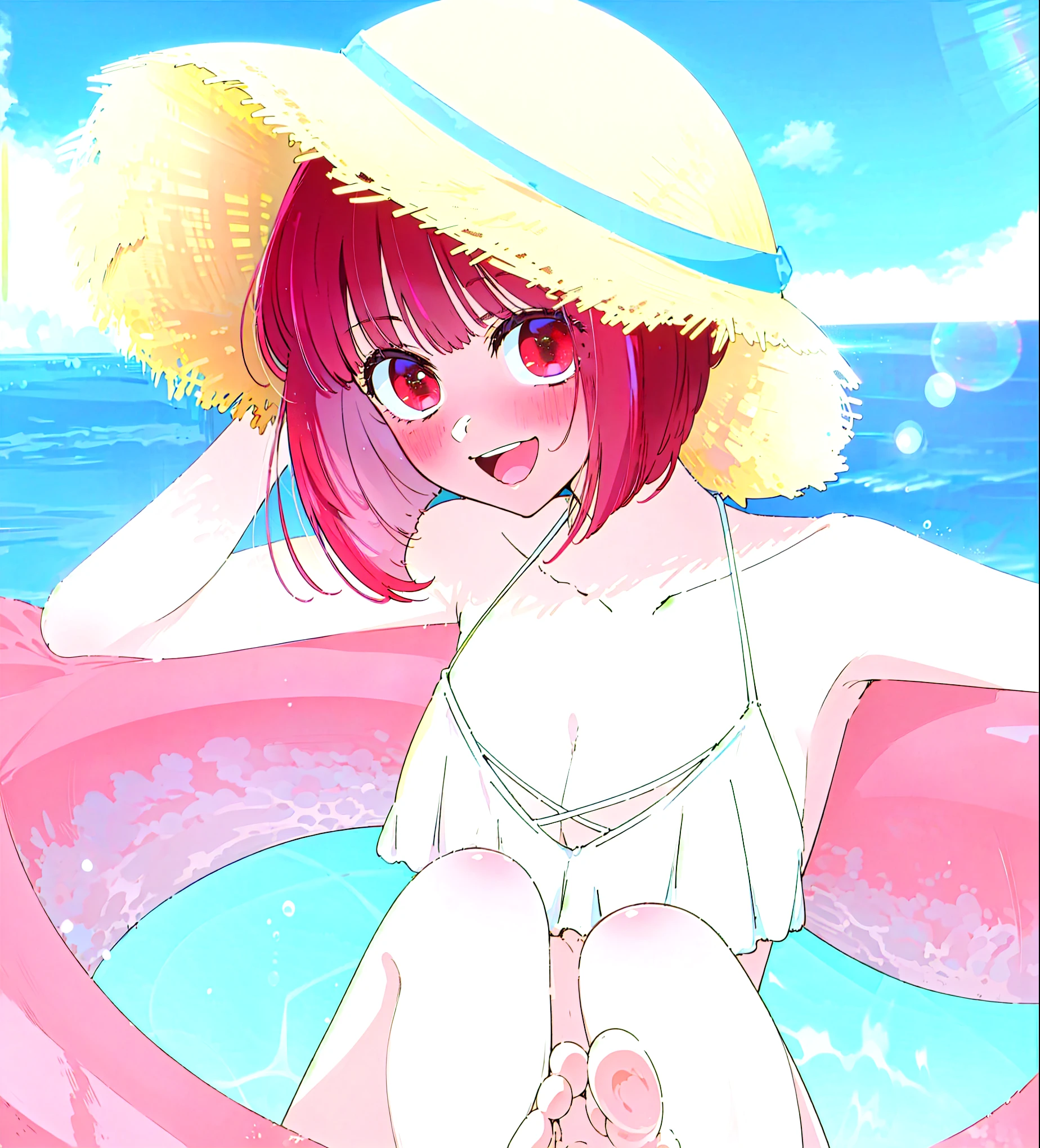 Best quality, masterpiece, ultra high res, (photorealistic:1.4), raw photo, 1girl, white wimsuit, sea, glowing skin, light smile, arima kana, red short hair, red eyes