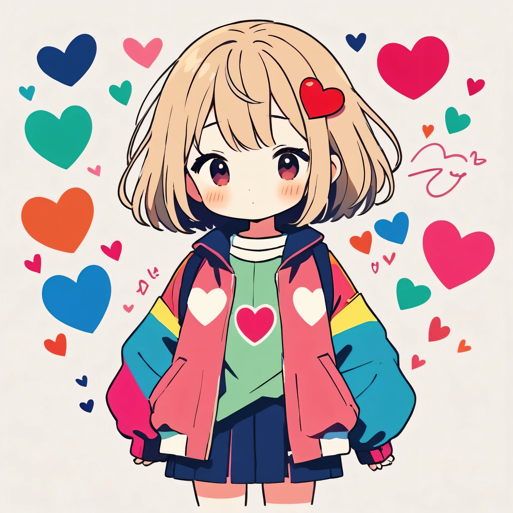 Makoto Shinkai colorful style, Simple Line Initialism,Abstract art,Kawaii Design, The most beautiful girl of all time、chibi, colorful hearts, 顔のアップ