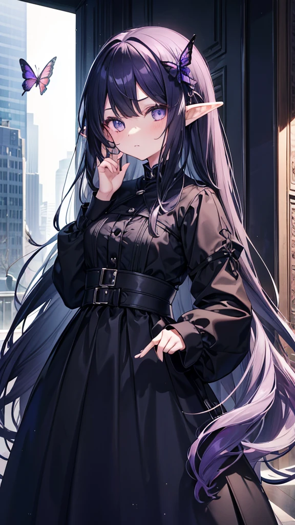 11 year old girl、Elf、Her left eye is dark purple with a black butterfly pattern, and her right eye is hidden by her hair.、Long Black Hair、The outfit is a black long-sleeved, long-skirt dress that doesn&#39;t reveal much.、Wearing stockings、Using the magic of the purple gem、Small breasts、Expressionless