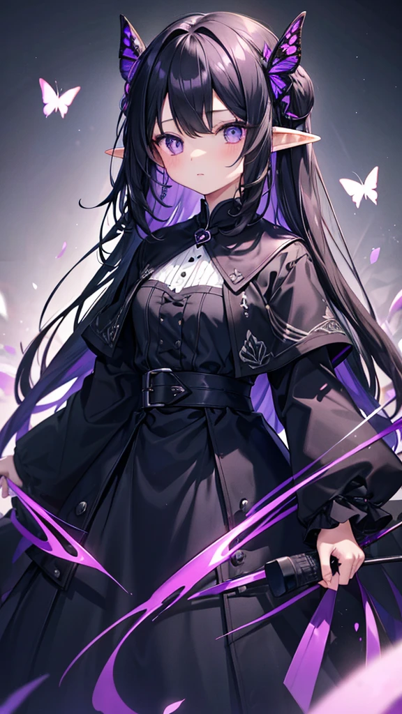  girl、Elf、Her left eye is dark purple with a black butterfly pattern, and her right eye is hidden by her hair.、Long Black Hair、The outfit is a black long-sleeved, long-skirt dress that doesn&#39;t reveal much.、Wearing stockings、Using the magic of the purple gem、Small breasts、Expressionless