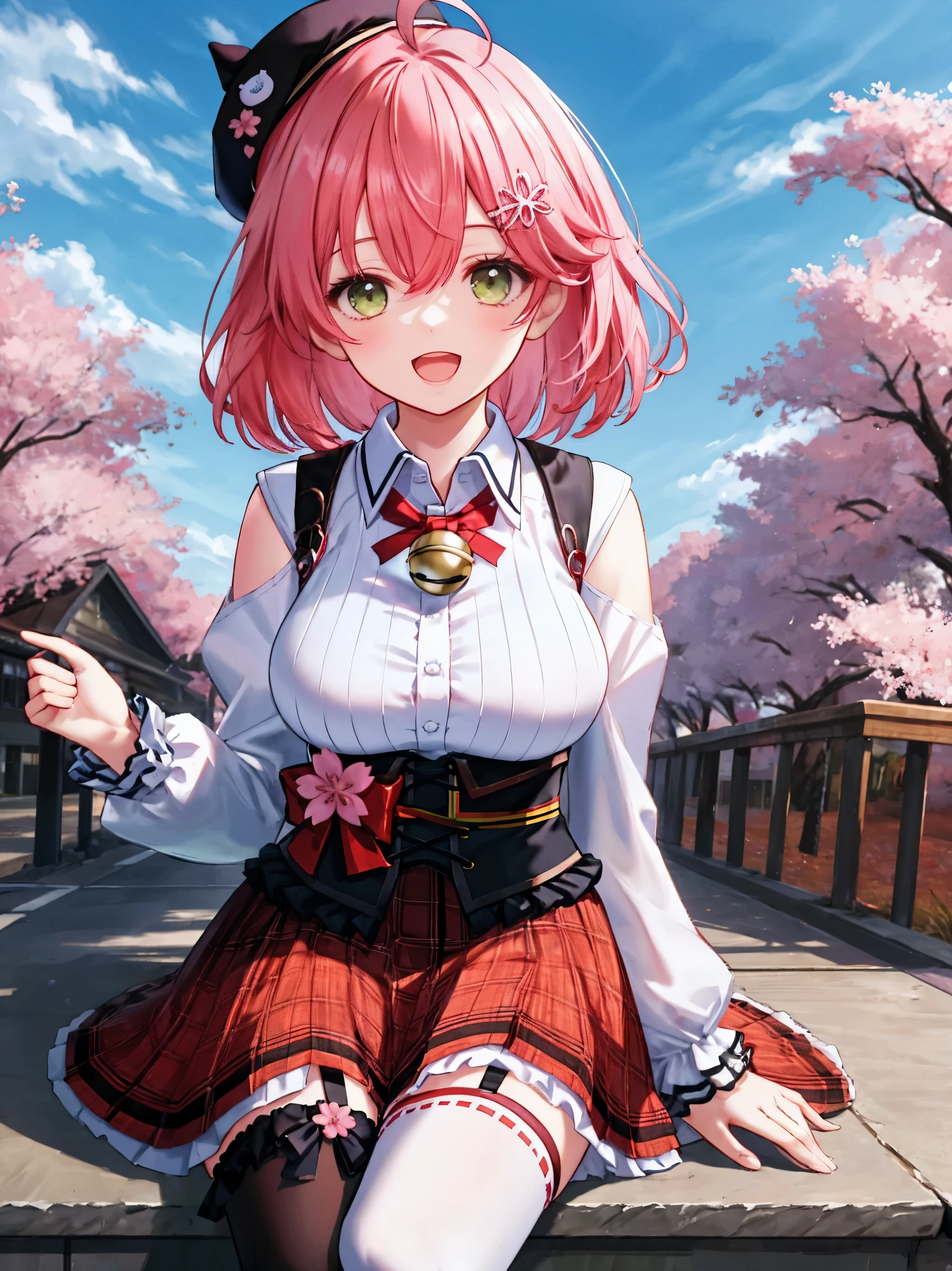 masutepiece, Best_Quality, hight_resolution, miko2,Ponytail, 1girl, Ahoge, black headwear, Hair Ornament, White shirt, black thighhighs, Pink hair, Red_skirt, very_short_skirt, plaid skirts, garter_strap, Collared shirt, hair clips, frilld, Bangs, hair between eye, frills skirt, beret, Pleated skirt, Hair Flower, Neck bell, , puffy long sleeves, Black bow, Underbust, Smile, (large_breasts:1.3),covered_nipples, green_eyes, happy, dynamic_angle,spread_legs,(big_smile:1.2),plump,open_mouth,shout,half_eyes,cherryblossom_park_landscape_background,