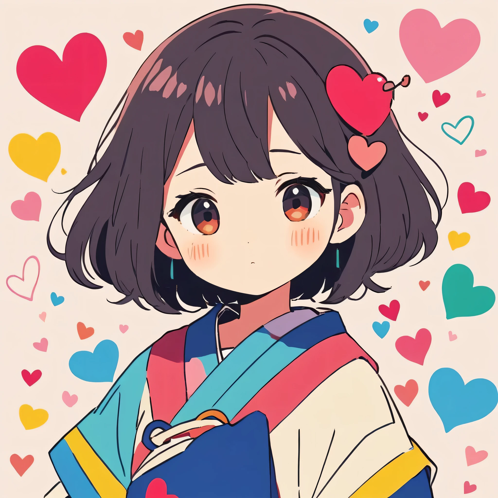 Makoto Shinkai colorful style, Simple Line Initialism，Abstract art，Kawaii Design, The most beautiful girl of all time、chibi, colorful hearts, 顔のアップ