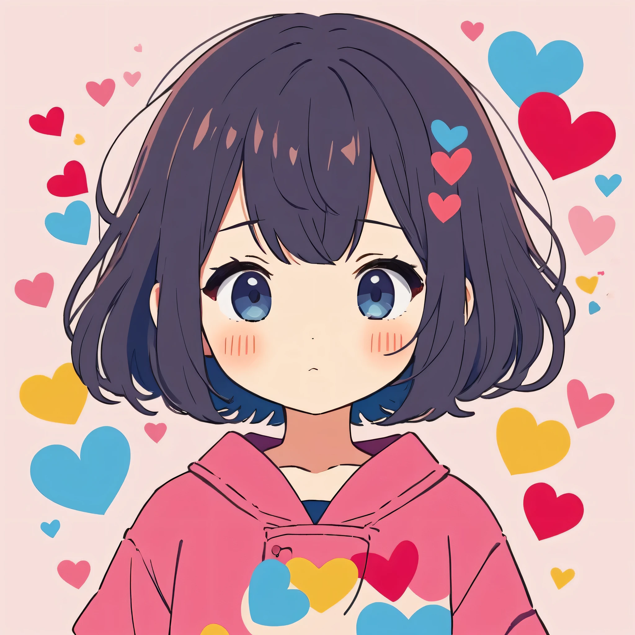 Makoto Shinkai colorful style, Simple Line Initialism,Abstract art,Kawaii Design, The most beautiful girl of all time、chibi, colorful hearts, 顔のアップ