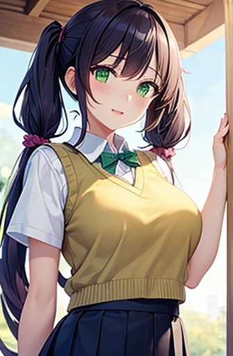 nozomitoujou, nozomi toujou, (green eyes:1.5), purple hair, twintails, low twintails, scrunchie, long hair, (large breast:1.2),
BREAK otonokizaka , pleated skirt, , short sleeves, skirt, summer uniform, sweater vest, yellow sweater vest,
BREAK looking at viewer,
BREAK outdoors, shrine,
BREAK (masterpiece:1.2), best quality, high resolution, unity 8k wallpaper, (illustration:0.8), (beautiful detailed eyes:1.6), extremely detailed face, perfect lighting, extremely detailed CG, (perfect hands, perfect anatomy),