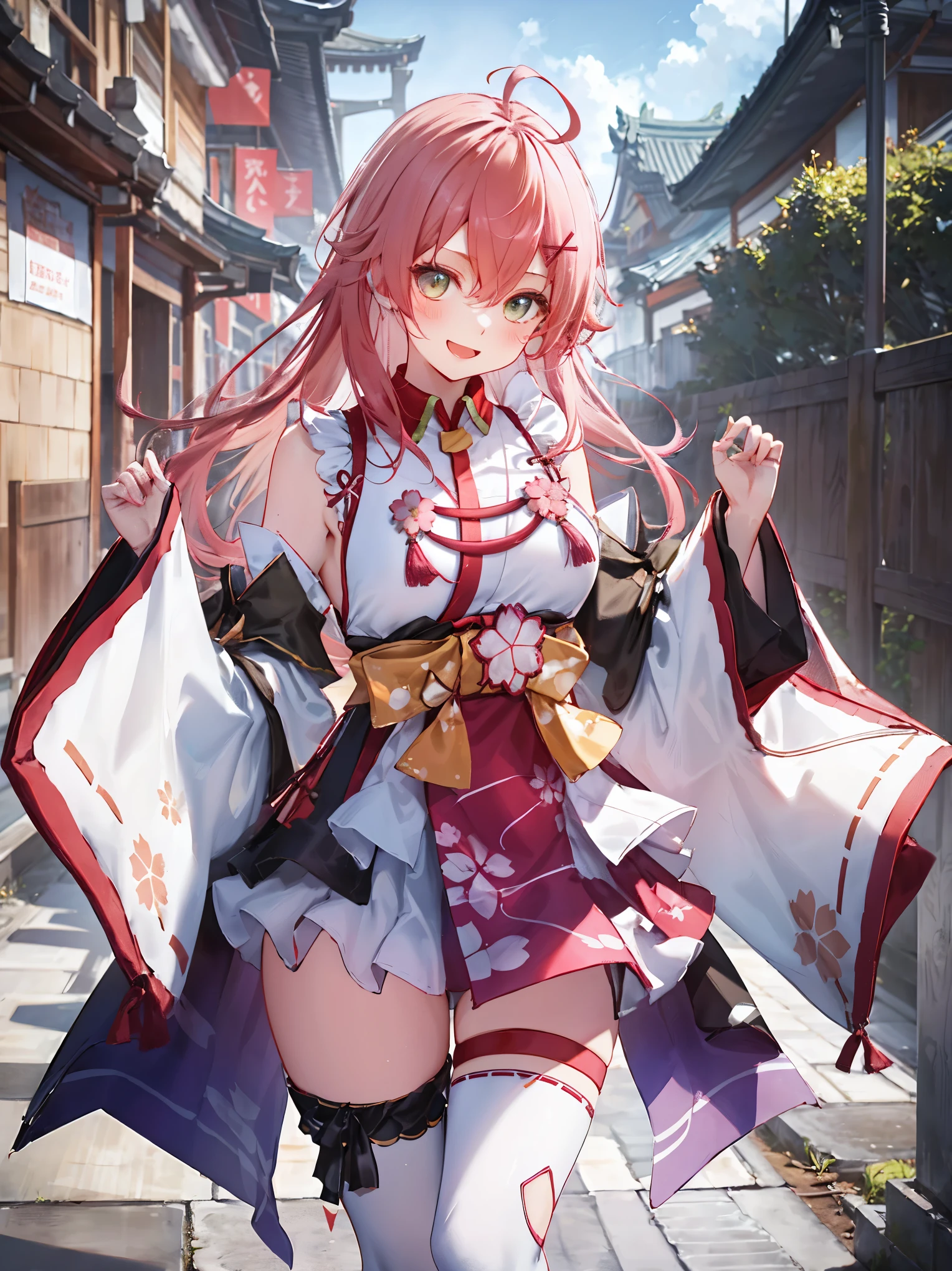 masterpiece, best quality, highres, miko1, sakura_miko, 1girl, big_boobs, solo, ahoge, x_hair_ornament, pink_hair, floral print, hairclip,(side_less_clothes:1.5), (side_boobs:1.5), hair_bell, floral print, long_hair, hair between eyes, one side up, white thighhighs, asymmetrical legwear, wide sleeves, open_mouth,(happy:1.3),gleen_eyes,big_smile,(rise_leg:1.3),plump,apart_legs,(overly_long_sleeves:1.3),),sleeves_past_wrists,hands_hidden_sleeves,sidelock_clothes,dynamic_posing,solo,hidden_wrists,(XD:1.4),covered_nipples,sunlight,cherryblossom_temple_landscape_background,