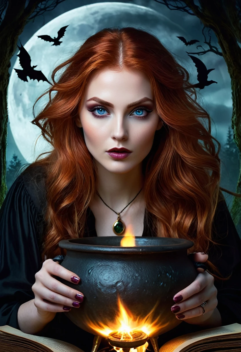 (Best quality:1.2, realistic:1.37), dark fantasy, Witchy atmosphere, nine breasted witch, mesmerizing eyes, Flowing red hair, enchanted forest, Crescent moon, lunar sky, ominous shadows, magic potions, , Mystical symbols, witchcraft rituals, golden cauldron, The Ancient Book of Spells, hauntingly beautiful, ethereal glow, Nightmarish Creatures, whisper of the wind, Occult magic, Witches' Sabbath, Unleashing Dark Magic, mesmerizing spells, Enchanted Spells, otherworldly force, Shrouded in mystery, forbidden knowledge, evil intentions (((Potion Cauldron)) Dark Castle