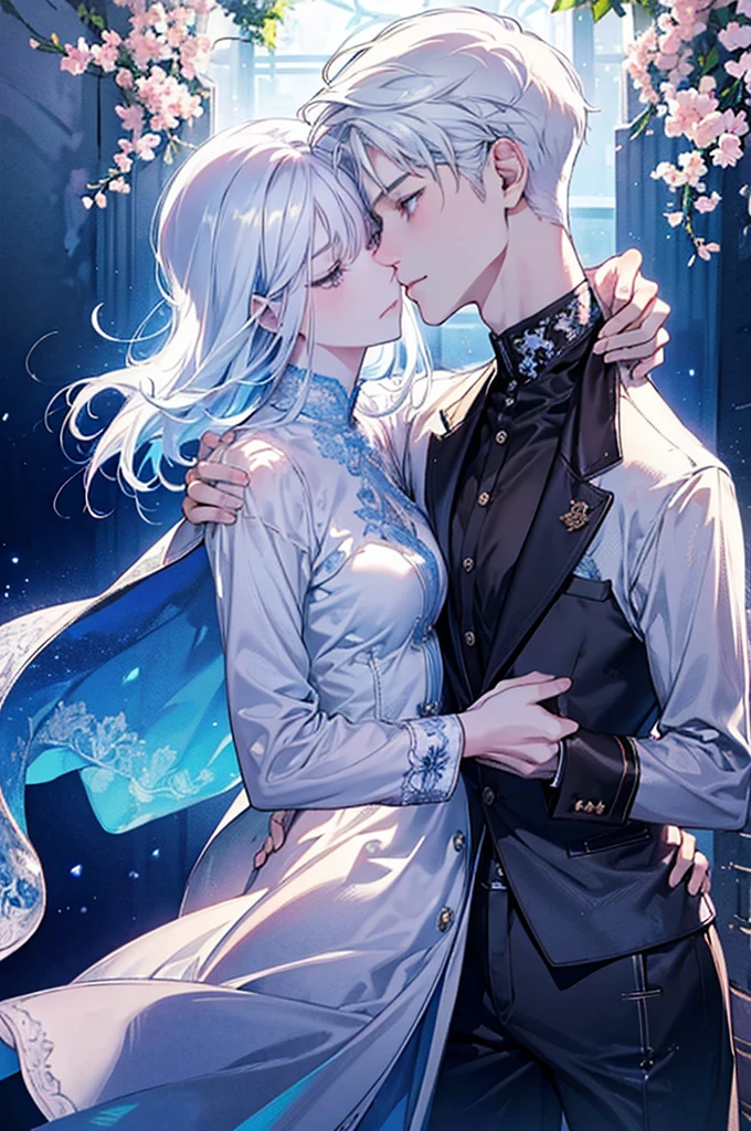 Design a captivating couple image for a cover picture where the boy with striking white hair, dressed in a sleek white t-shirt and stylish white blazer, and the girl with beautiful brown hair, wearing a soft and elegant outfit, are sharing a tender kiss. Their eyes should be closed, radiating intimacy and love. The background should feature an enchanting arrangement of blue flowers and soft, glowing light to create a dreamy and romantic atmosphere. The overall effect should be serene and magical, perfect for a memorable and engaging cover picture.