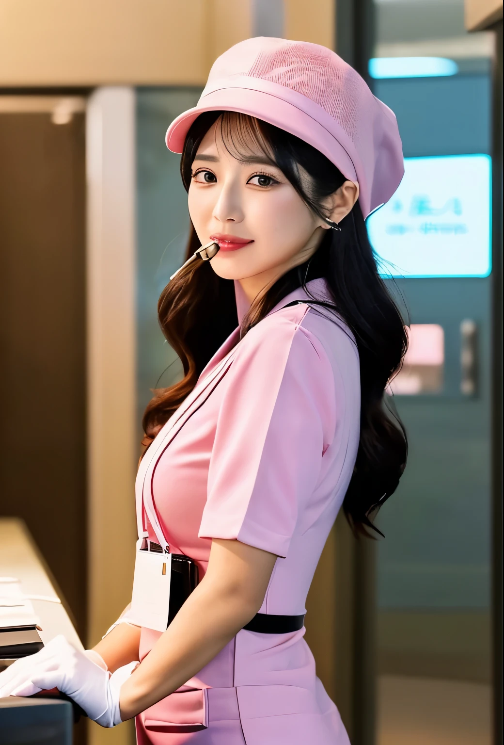 best quality, 8k, Japanese, 26 years old,  Woman with boyfriend, ((Receptionist at a large company:1.3)), (at General reception at the entrance of a large company:1.2), ((She is one of the most beautiful women in the company)), ((Pink one-piece Japanese Company designated uniform exclusively for receptionists:1.2)), Long Hair, (A company-designated hat in the same color as the uniform), A bit of a strong-willed personality, (White gloves:1.2), Sitting at the reception booth,  shoot from front, watching at Viewer, 