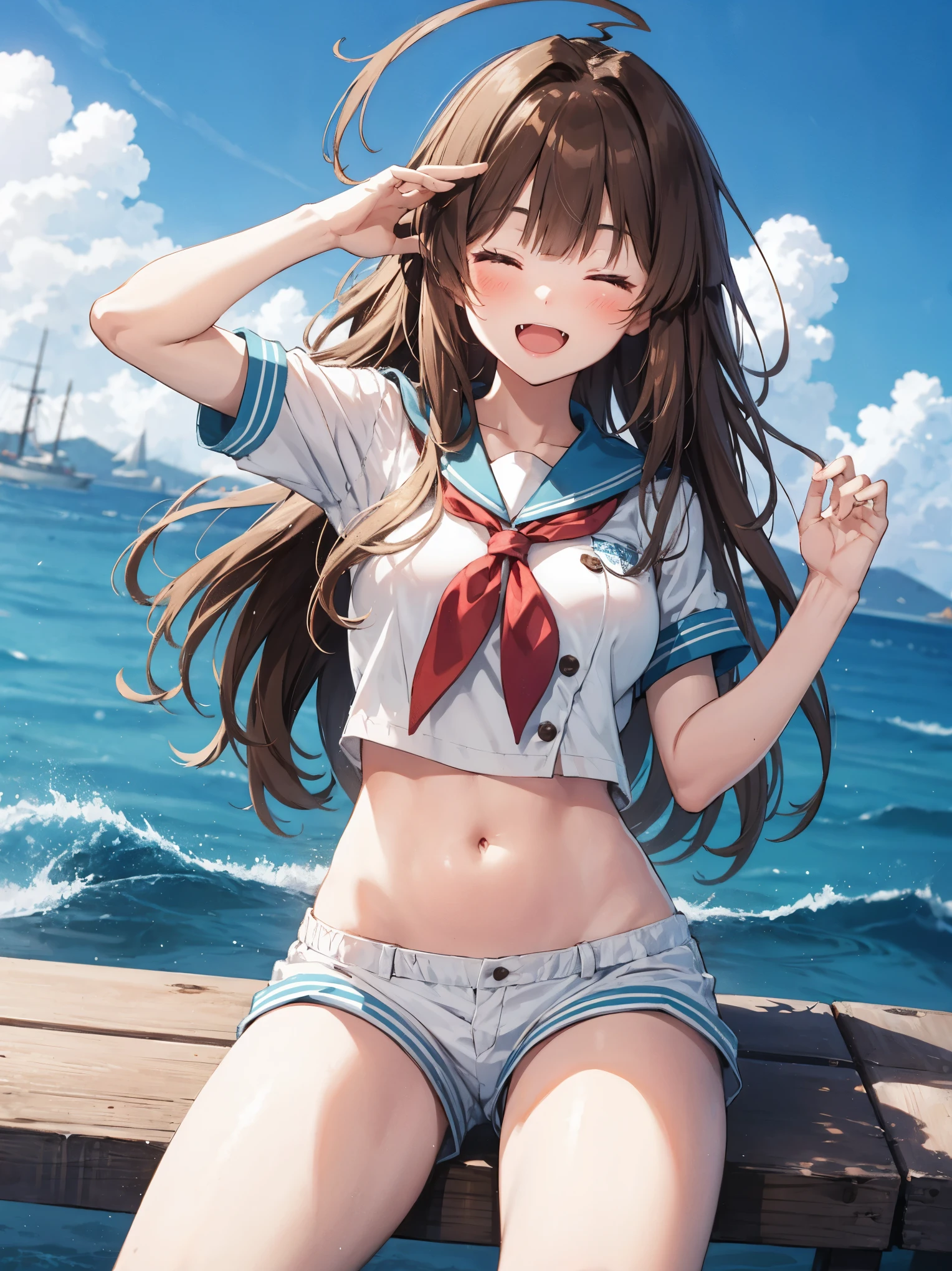 ung_teeirl, brown_hair, long_hair, sailor_uniform,white_ baggy_shorts, short_sleeve, thighs, small_breasts, big_smile, open_mouth, fang, harbor_landscape_background, slightly_spread_legs, happiness, covered_crotch,ahoge,XD,exciting_posing,closed_eyes