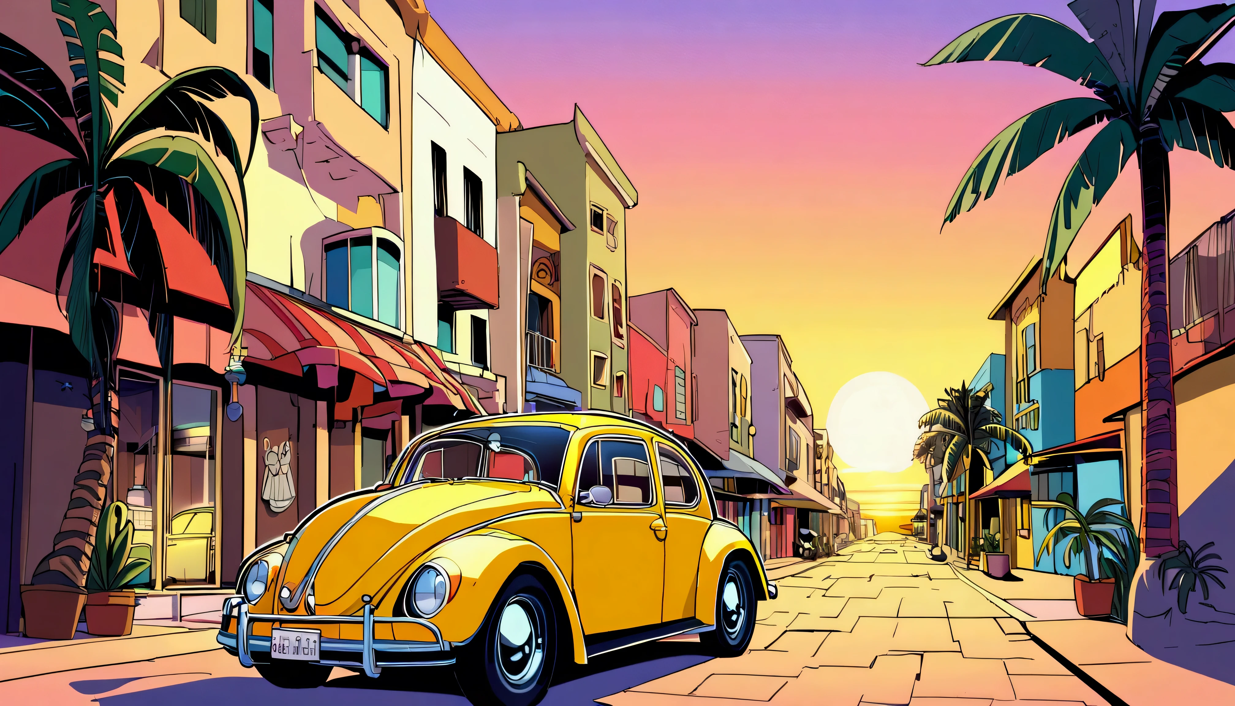 ((ＴShirt Design)), Volkswagen Type 1　beetle, Sunset background, Palm tree, Layers with 5 colors, Corner Street, Belek&#39;s Drums, Plethean, 