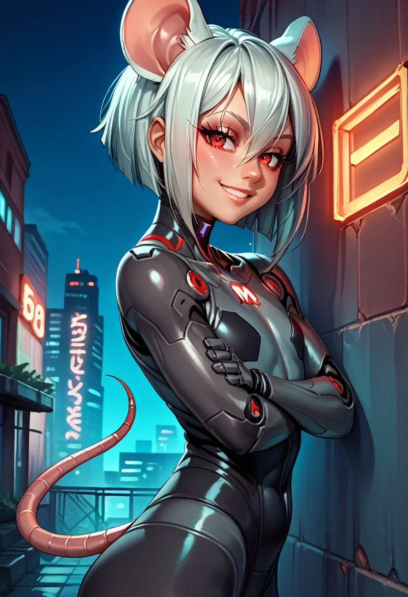 score_9, score_8_up, score_7_up, score_6_up, score_5_up, score_4_up, source_anime, outside, cyberpunk, city, night, sky, neon lights, cityscape, alley, side view, close-up, (hair between eyes:1.1), red eyes, half-closed eyes, smile, looking at viewer, solo, female, humanoid, mouse humanoid, tail, bob cut, silver hair, flat chested, black bodysuit, cybernetic arms, glowing, standing, against wall, crossed arms, robot features 