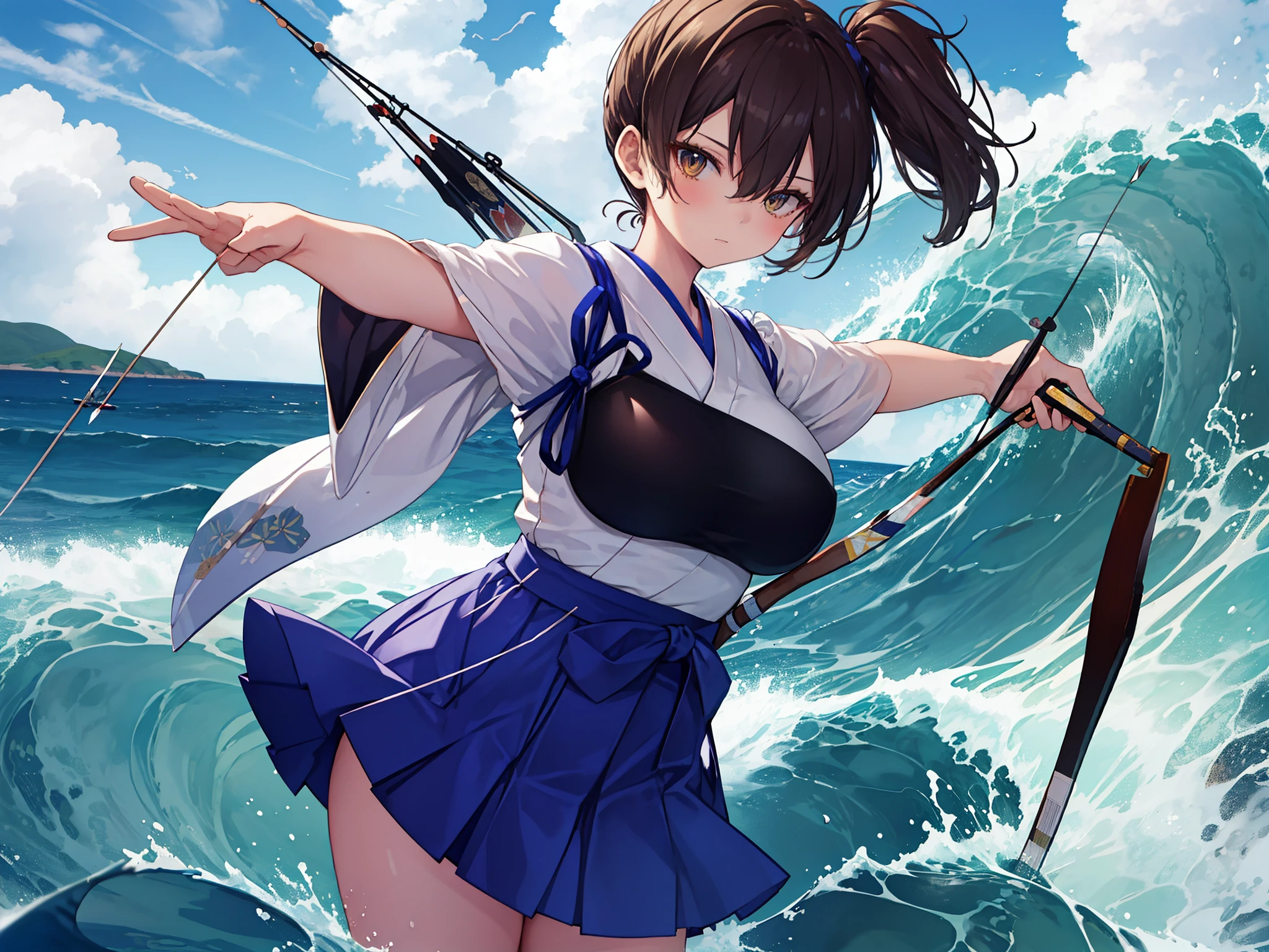 Kaga(Fleet Collection),highest quality, masterpiece, High resolution,kimono,blue skirt,side ponytail,big_breasts,solo,Japanese_bow&arrow,dynamic_posing,half_eyes,solo,plump,sea_landscape_background,waves
