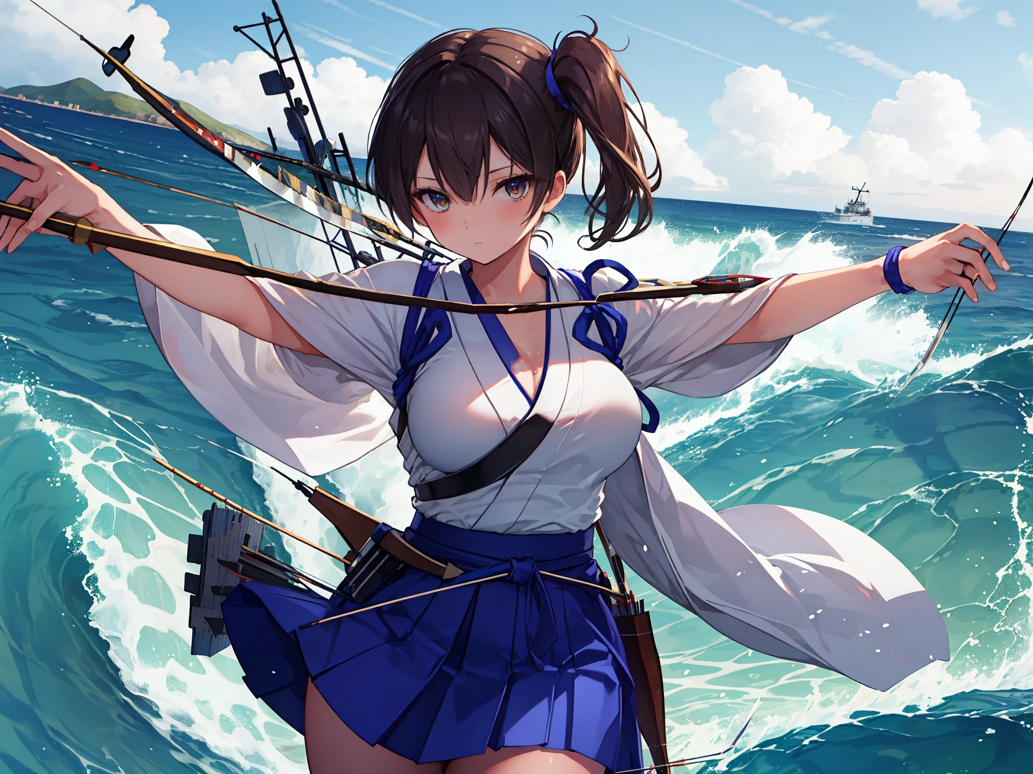 Kaga(Fleet Collection),highest quality, masterpiece, High resolution,kimono,blue skirt,side ponytail,big_breasts,solo,Japanese_bow&arrow,dynamic_posing,half_eyes,solo,plump,sea_landscape_background,waves