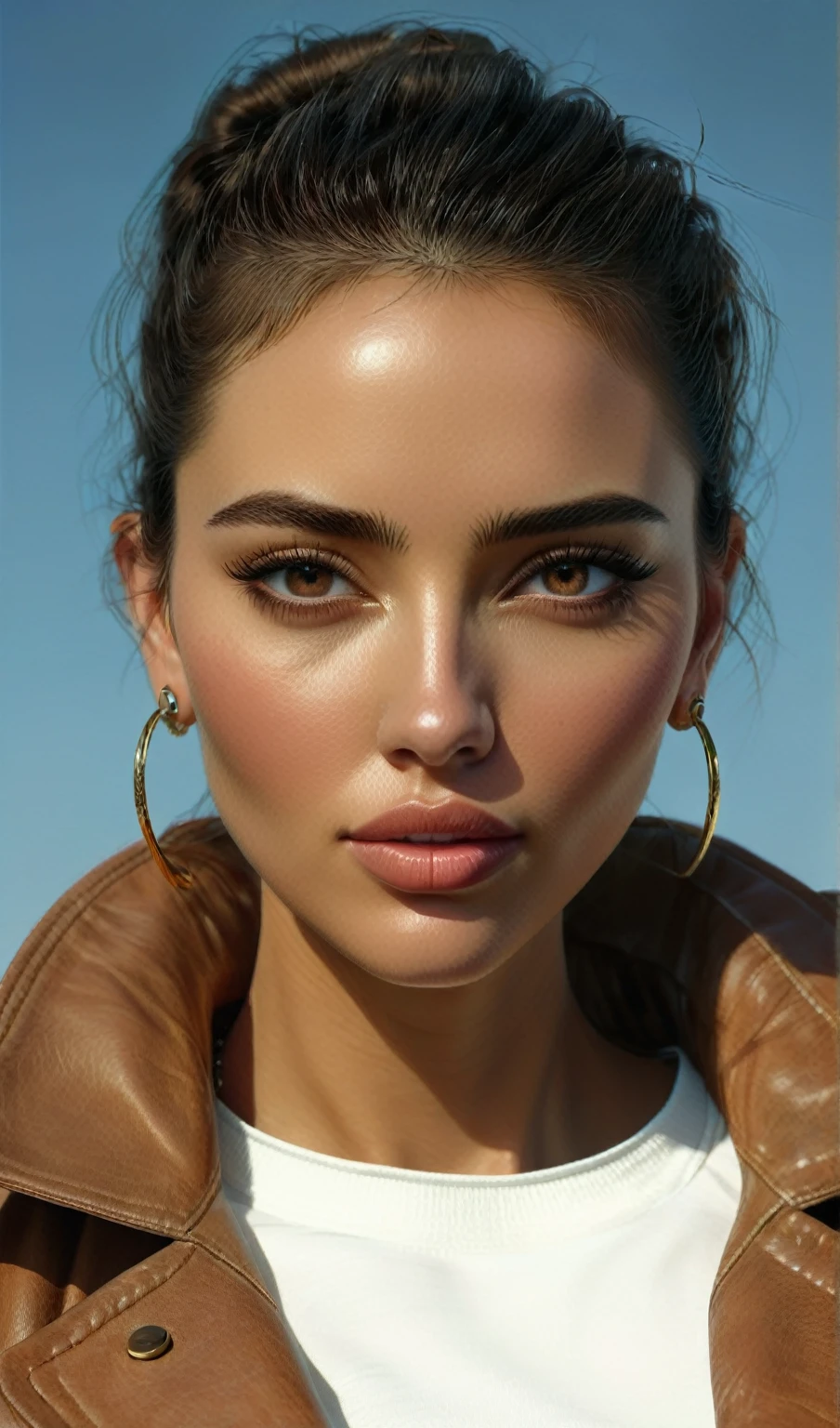 a closeup of a woman wearing a brown jacket and earrings, extremely detailed face, photoBeautiful realistic face, Beautiful realistic face, beautiful realistic face, highly detailed realistic face, hyperBeautiful realistic face, Ultra realistic faces, Detailed perfect face, Beautiful and realistic faces, 8k highly detailed face, detailed realistic face, Detailed beautiful face, extremely realistic faces character notebook with different shots