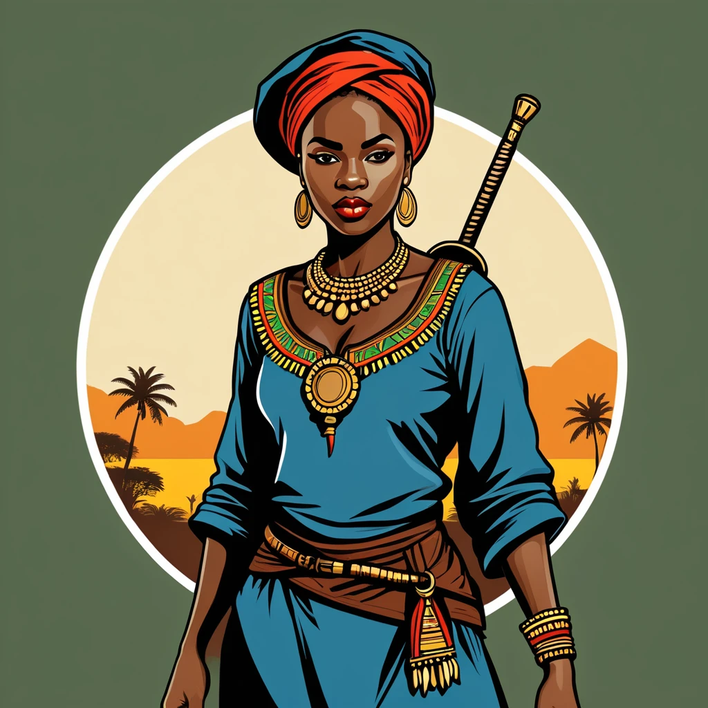 female thief in congo folk outfit ,vector graphics, strong contours, logo design