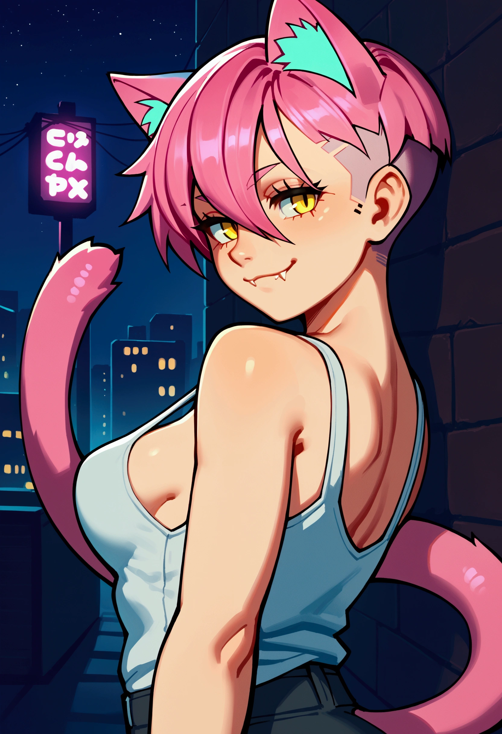 score_9, score_8_up, score_7_up, source_anime, outside, cyberpunk, city, night, sky, neon lights, cityscape, alley, side view, close-up, 1girl, (hair between eyes:1.1), yellow eyes, fair skin, half-closed eyes, smile, looking at viewer, solo, cat humanoid, tail, pixie cut, baby pink hair, medium breasts, white tank top, long fingernails, fangs, standing, against wall, dynamic pose, cat ears 