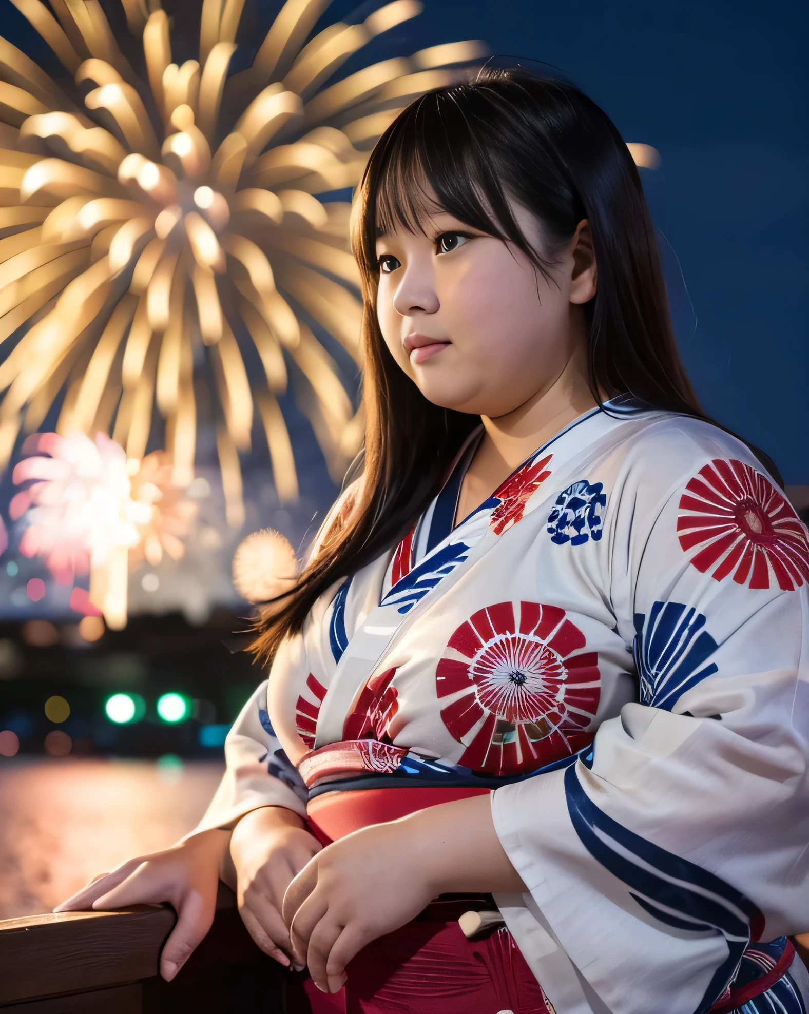 ((8K)), highest quality, 超High resolution, (High resolution), 1 girl, Japanese, Overweight, Extremely fat, ((Chubby)), ((Watching the fireworks wearing a yukata))