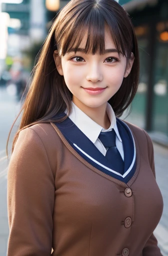 ((masterpiece, Best Quality)), ((A high resolution)), (photograph realistic), Best Shadow, high detailing, Very detailed, (nice hand, Perfect hands), (Face Focus:1.2), ((1girl in)), Beautiful Girl, 18 years old, Brown eyes, (brown ponytail hair 1.5), (:1.3), (smile:1.3), Glossy white skin, (view from front:1.3), (Very slender:1.3), (Cute face:1.3), (look at viewer:1.4), Kawaii face, thin lips, detailed facial features, Crisp focus, perfect beautiful body and face, Cute childish faerfectly focused, (school uniform:1.2), Long bangs, in the twilight city, (cowboy shot:1.2), japanese famous idol, (Standing:1.3)
