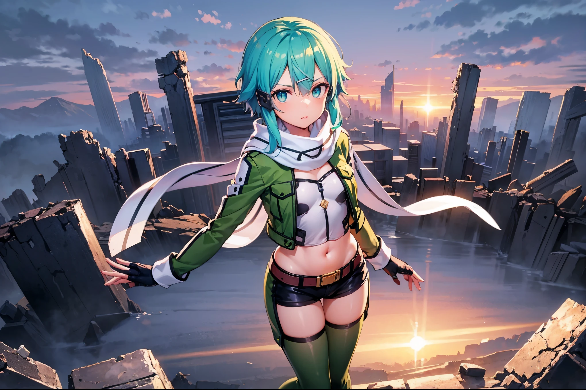 (masterpiece), best quality, expressive eyes, perfect face, highres, sinon1, scarf, fingerless gloves, long sleeves, short shorts,groin, hair ornament, hairclip, green thighhighs, green jacket,covered_nipples, thigh strap, field, sunset_ruins_landscape_background, ruined structures, dynamic_posing, looking at the viewer, (from above:1.2),covered_navel,