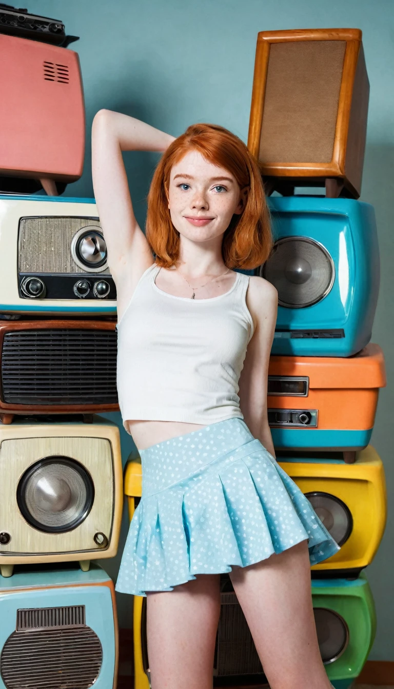 Photoshooting, A girl posing on top of multi old tv`s and boxes, shot from below, girl, flat stomach, wide hips, porcelain white skin and freckles, ginger hair,gentle smile,very very skinny girl with a mini low-cut tank top and mini skirt, outfit in the style of television program the mystery machine of scooby doo and his friends, wide shot a beautiful girl, (plain background ),interior tv studio,(looking at viewer), long socks with shoes, wide shot, ginger girl, dinamyc pose, from below, vintage van
