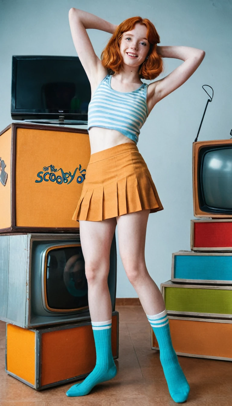 Photoshooting, A girl posing on top of multi old tv`s and boxes, shot from below, 15 years old girl, flat stomach, wide hips, porcelain white skin and freckles, ginger hair,gentle smile,very very skinny girl with a mini low-cut tank top and mini skirt, outfit in the style of television program the mystery machine of scooby doo and his friends, wide shot a beautiful girl, (plain background ),interior tv studio,(looking at viewer), long socks with shoes, wide shot, ginger girl, dinamyc pose, from below, vintage van