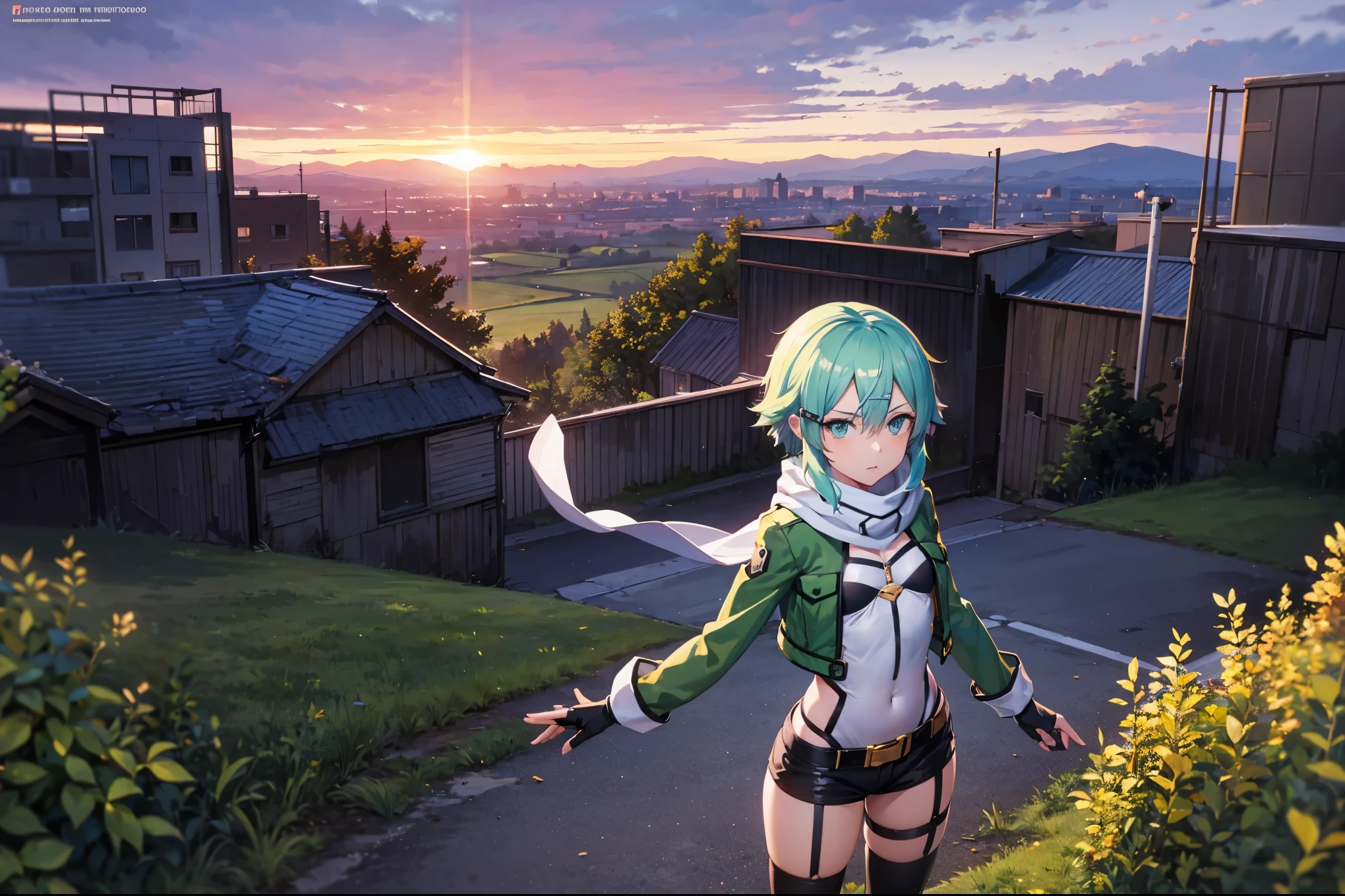 (masterpiece), best quality, expressive eyes, perfect face, highres, sinon1, scarf, fingerless gloves, long sleeves, short shorts,groin, hair ornament, hairclip, green thighhighs, green jacket,covered_nipples, thigh strap, field, sunset_ruins_landscape_background, ruined structures, dynamic_posing, looking at the viewer, (from above:1.2),covered_navel,