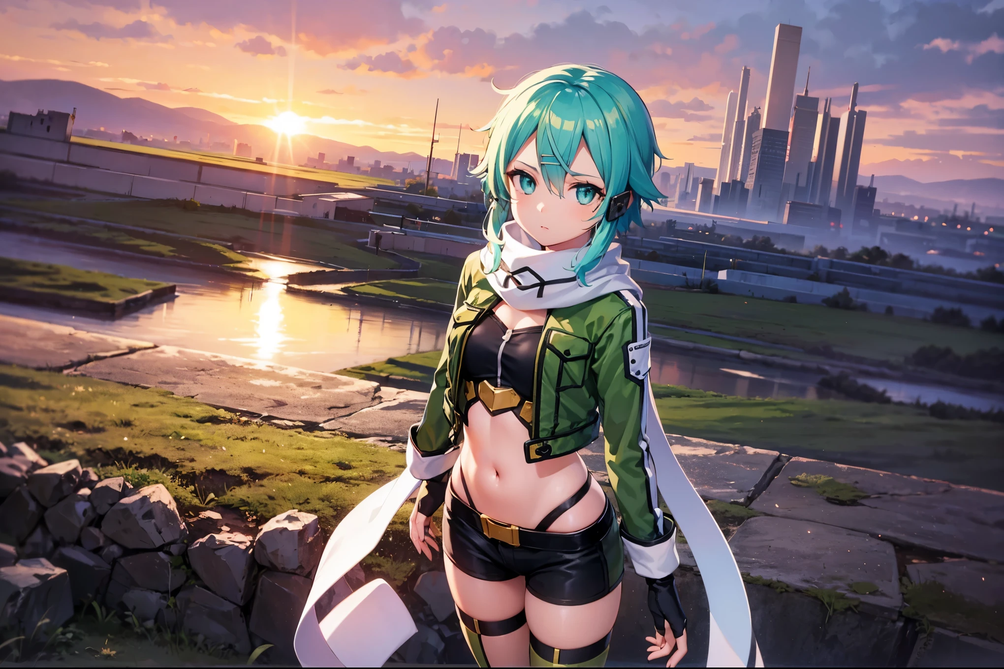 (masterpiece), best quality, expressive eyes, perfect face, highres, sinon1, scarf, fingerless gloves, long sleeves, short shorts,groin, hair ornament, hairclip, green thighhighs, green jacket,covered_nipples, thigh strap, field, sunset_ruins_landscape_background, ruined structures, dynamic_posing, looking at the viewer, (from above:1.2),covered_navel,