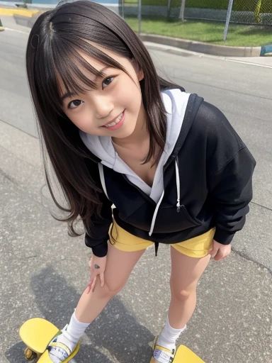 Japanese female, a lot of details, (underweight), detailed black hair, beautiful detailed hair, super fucking beautiful, delicate beautiful face, complex details beautiful and delicate eyes, perfect hands, (flat chest best quality:1.5), perfect and delicate limbs, detailed skin, best quality, ultra-detailed,(cheerful grin:1.5),
alley, (skateboard), standing, curly hair, (white hoodie), (yellow shorts), (running on a skateboard:1.2), japanese, (full body shot:1.1), from front, (low angle shot),motion blur:1.2